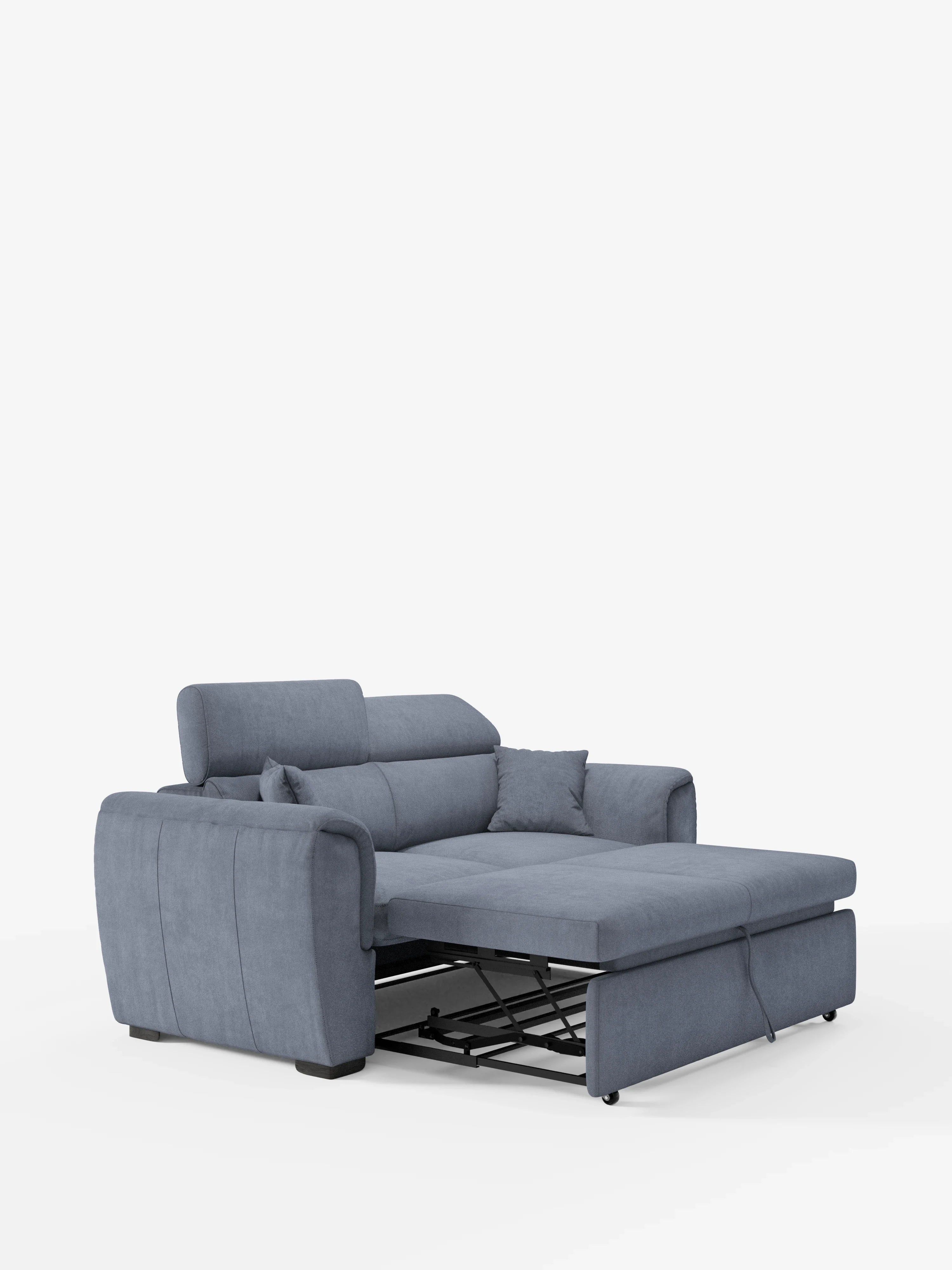 Il divano a 2 posti estraibile Titano con poggiatesta reclinabili in tessuto smacchiabile Oeko-Tex® di Divani.Store è presentato in una moderna finitura blu. La sezione letto estraibile rivela una robusta struttura di supporto in metallo, mentre il divano compatto presenta due ampi braccioli e due cuscini coordinati, il tutto su uno sfondo bianco a tinta unita.