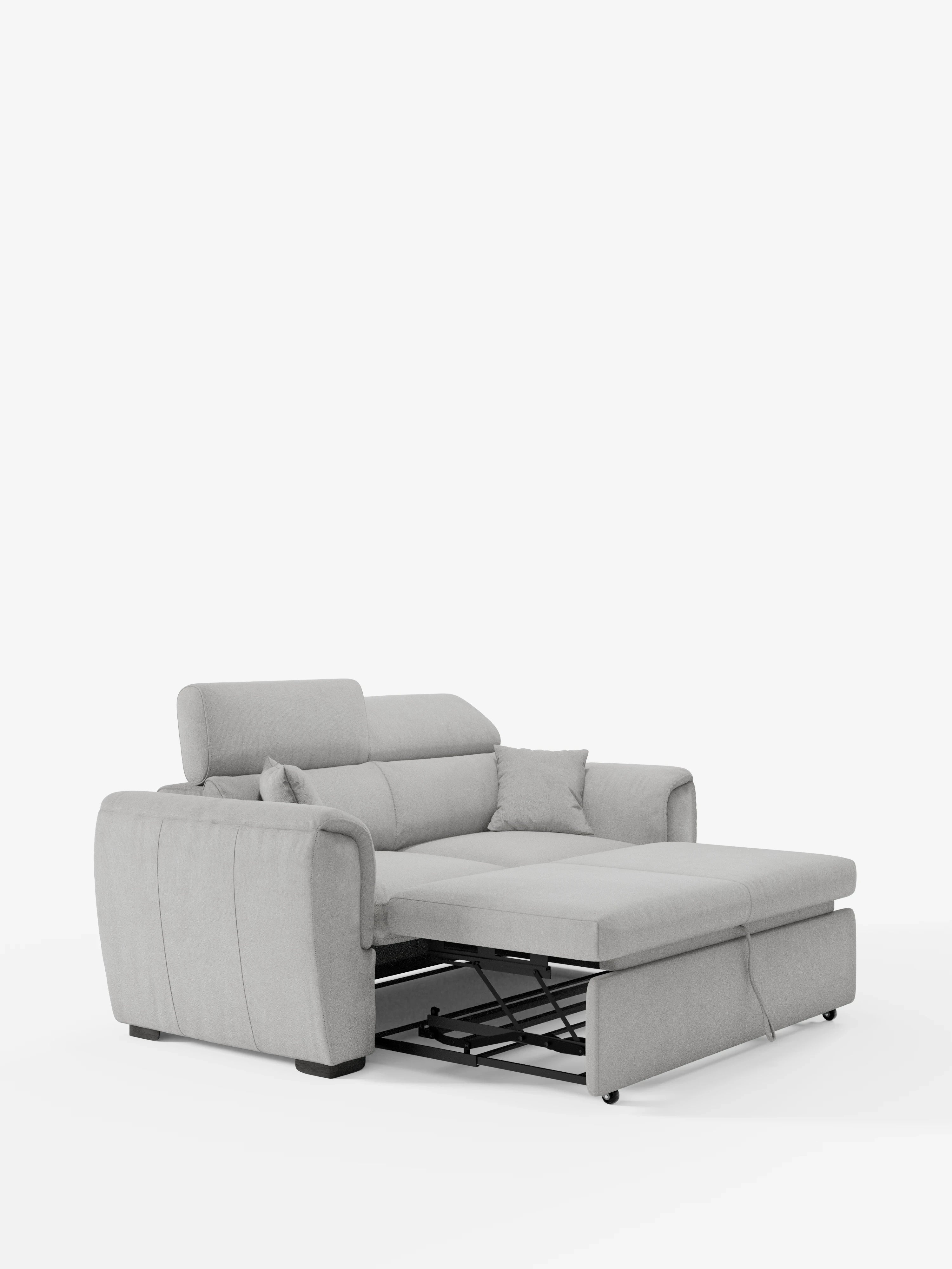 Vi presentiamo il divano letto a 2 posti Titano con poggiatesta reclinabili, realizzato in tessuto smacchiabile certificato Oeko-Tex® da Divani.Store: un divano letto contemporaneo color grigio chiaro con cuscini spessi, ampi braccioli e due cuscini coordinati. Questo versatile divano a due posti è dotato di una comoda sezione letto estraibile sostenuta da una robusta struttura in metallo nero, il tutto su uno sfondo bianco a tinta unita.