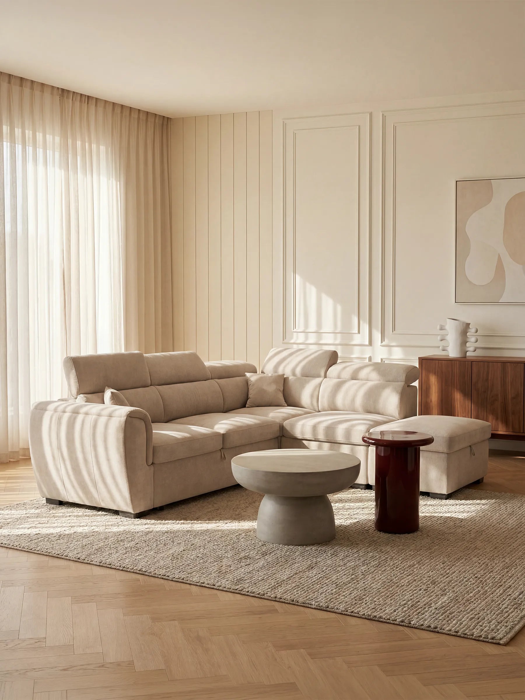 Titano canapé d’angle réversible avec partie extractible et pouf coffre - Appuie-têtes inclinables en tissu anti-taches Oeko-Tex®