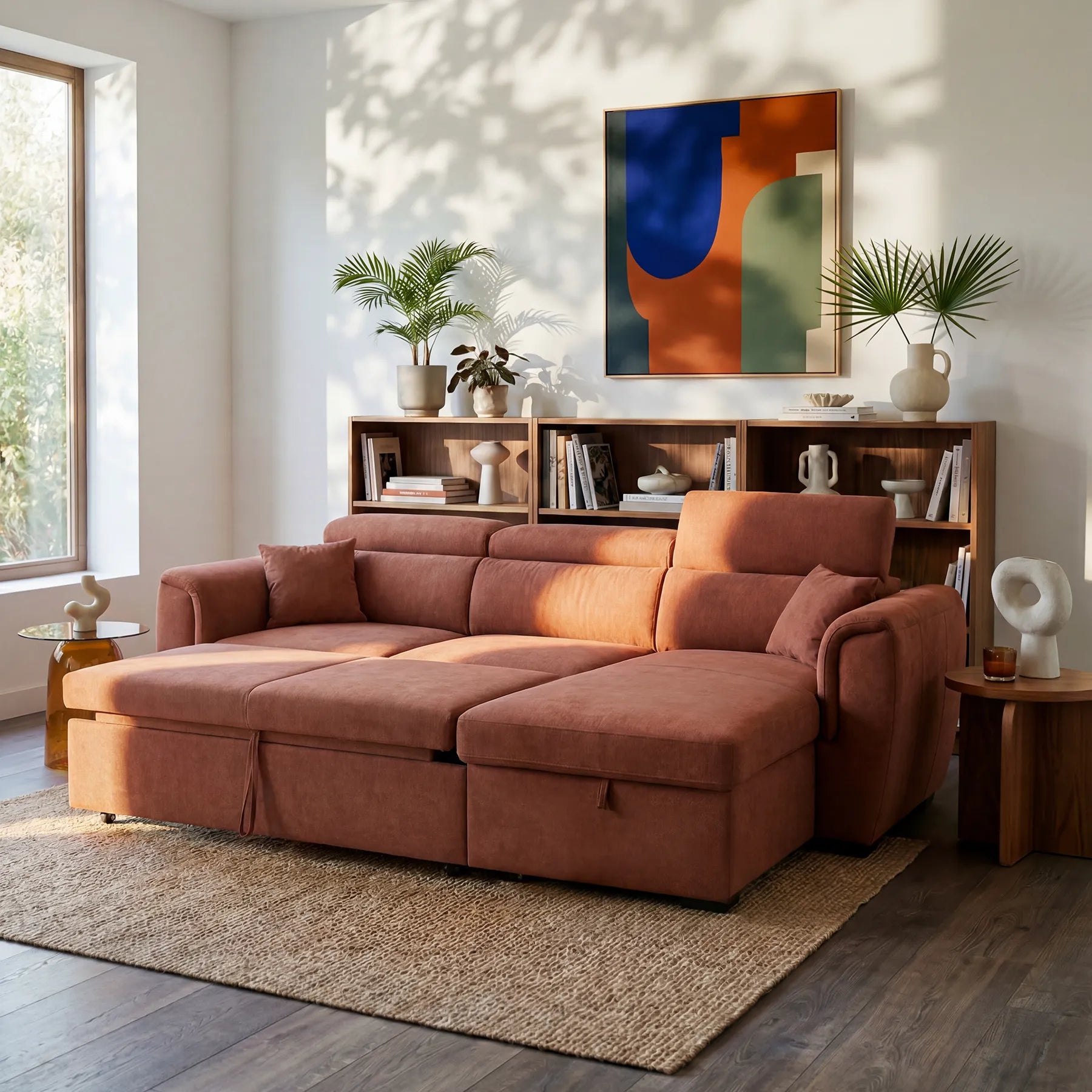 Un soggiorno moderno è arredato con il divano letto Titano con penisola reversibile e contenitore di Divani.Store, dotato di poggiatesta reclinabili e tessuto facile da pulire, posizionato su un tappeto che fa da contrasto al pavimento in legno, con una libreria, opere d’arte astratta e la luce del sole che filtra da un’ampia finestra accanto a un tavolino rotondo.