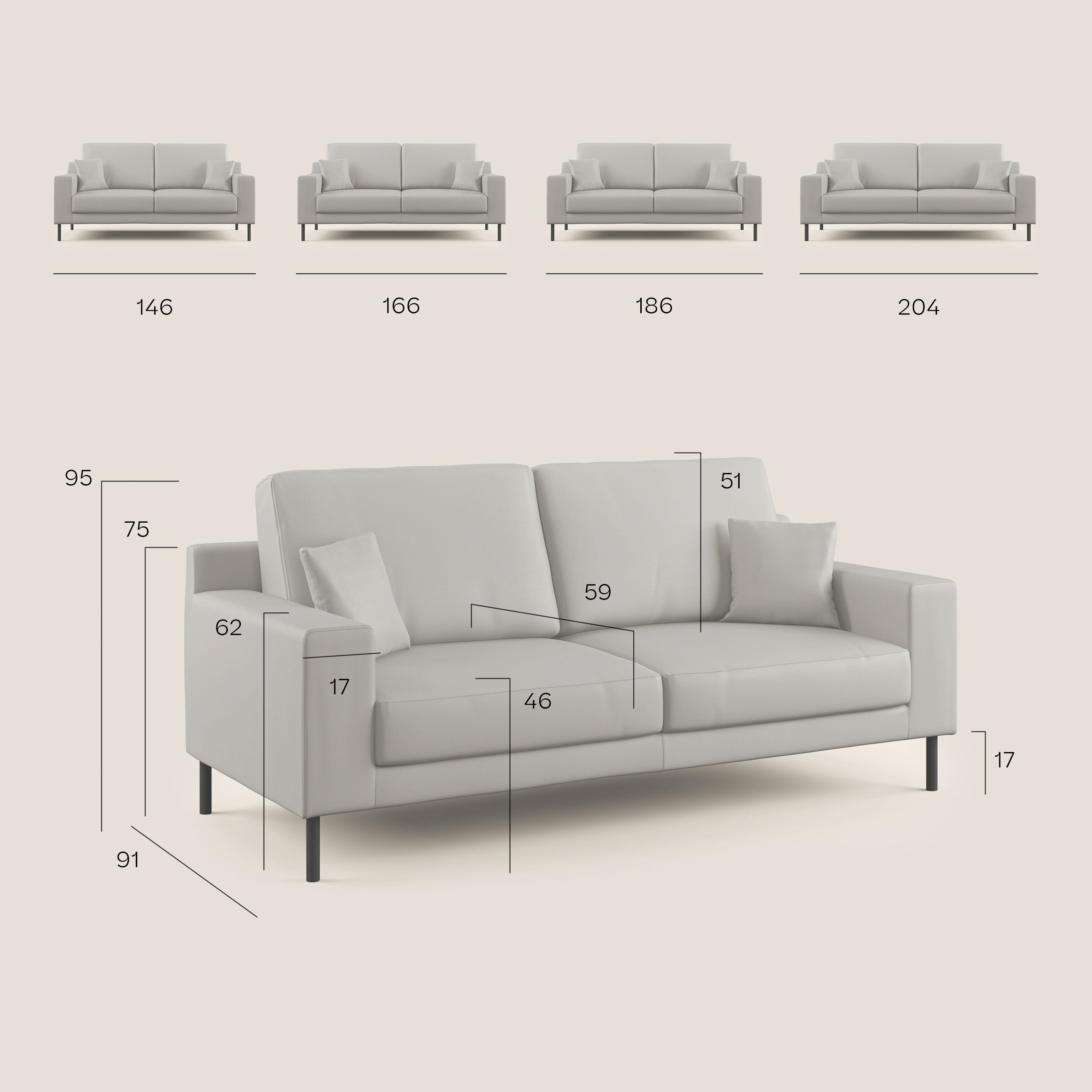 Uranio divano moderno lineare 146 cm in Ecopelle impermeabile T04 TALPA - divani.store