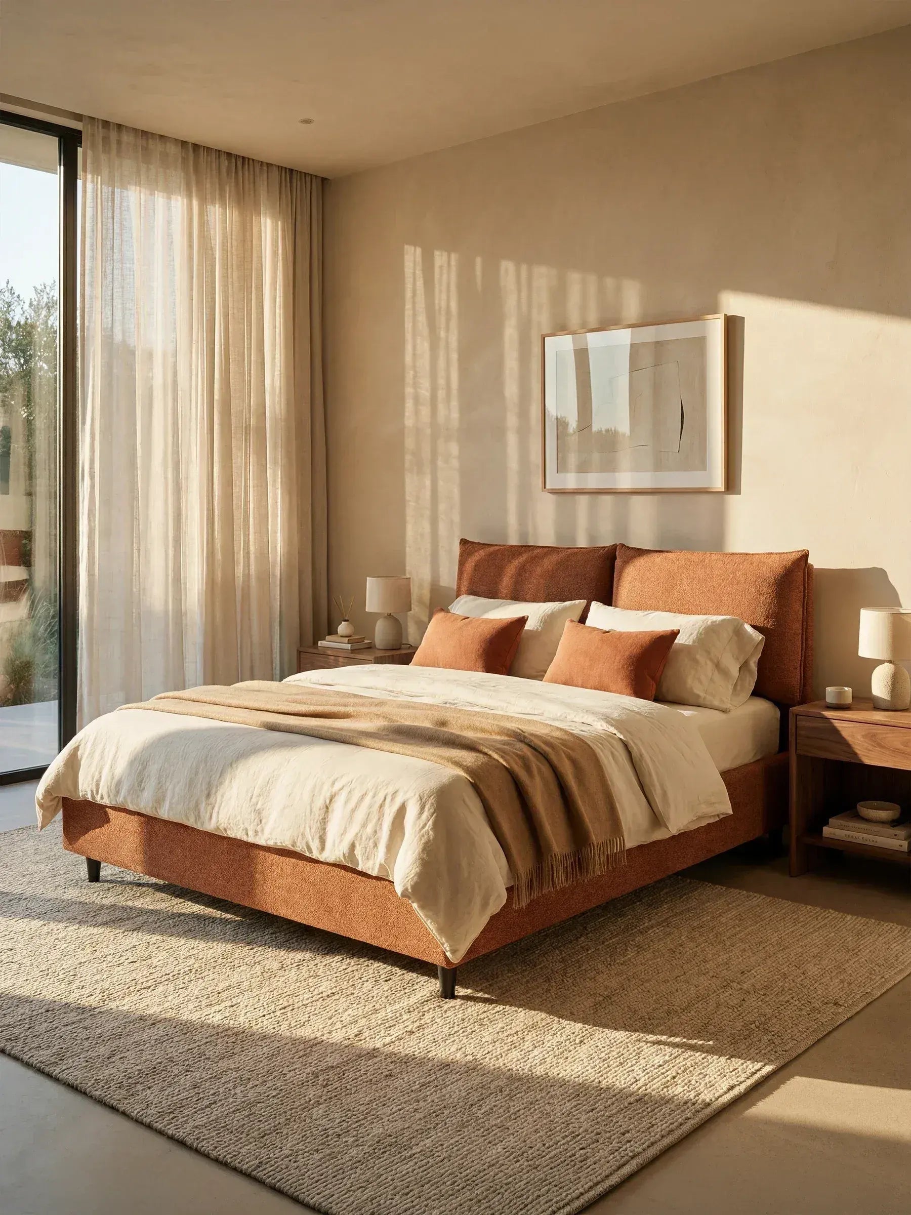 Camera da letto inondata di luce, arredata con un ampio letto imbottito ZAYRON con contenitore e morbidi cuscini regolabili di Letti.store, con biancheria da letto nei toni del beige e del bianco, quattro cuscini, comodini in legno con lampade, un quadro astratto incorniciato sopra il letto, pareti beige, tende trasparenti e un tappeto dalla trama ricca sul pavimento. La luce entra da una porta a vetri. Il moderno letto imbottito è realizzato in tessuto certificato Oeko-Tex® per garantire maggiore comfort