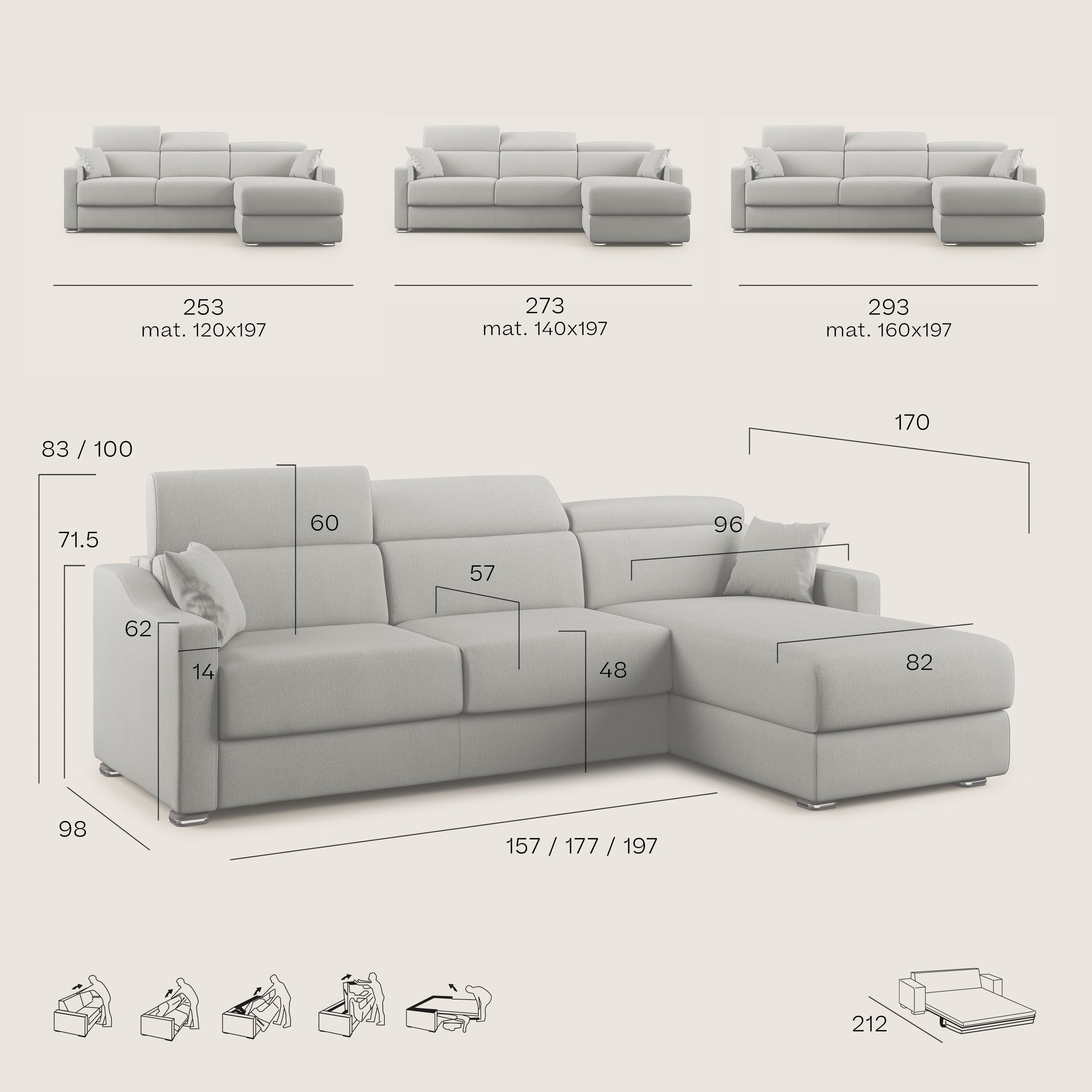 Amber divano letto angolare in tessuto smacchiabile T05 grigio - divani.store