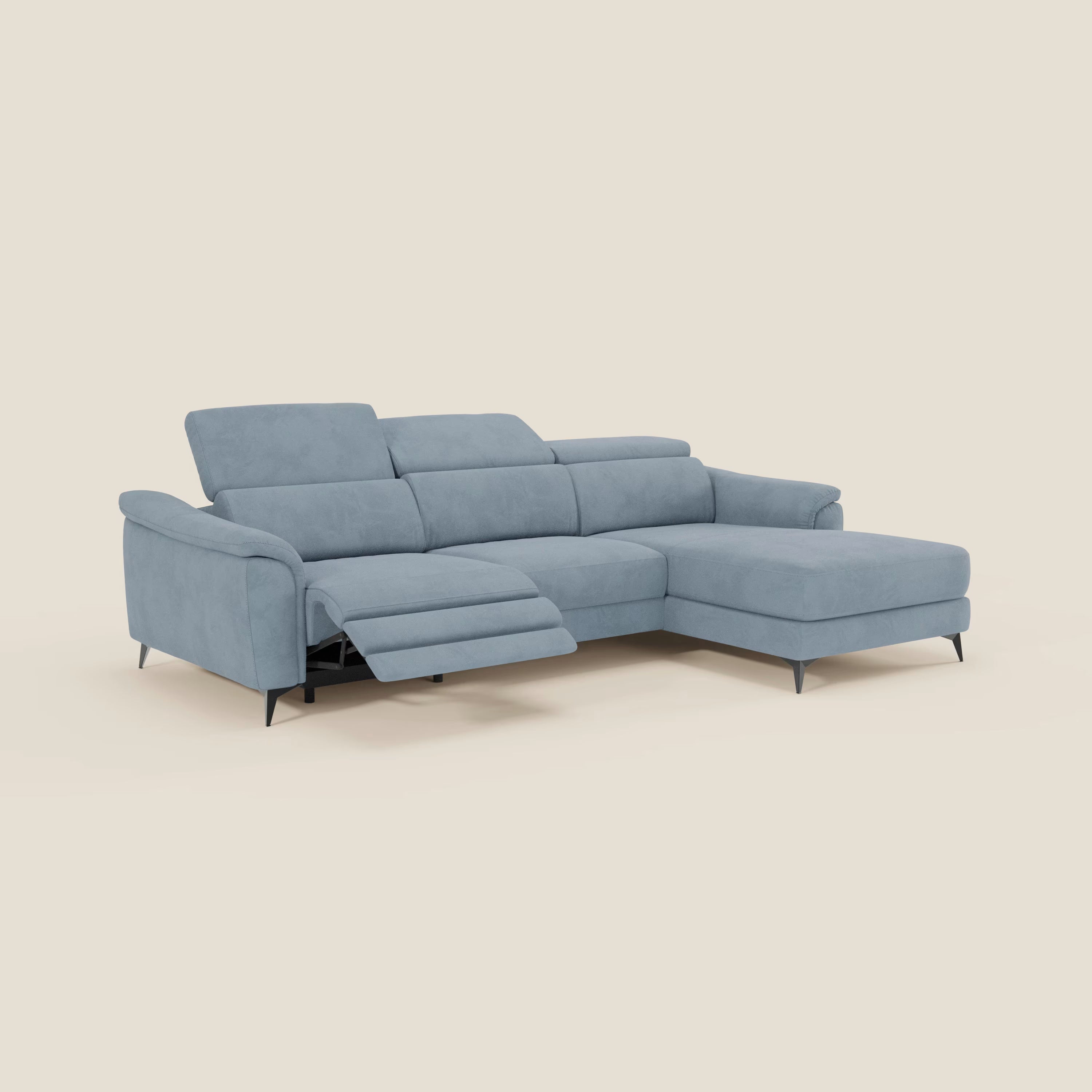 Arcos Canapé avec méridienne - pieds hauts et têtières inclinables en microfibre imperméable T11 bleu pastel