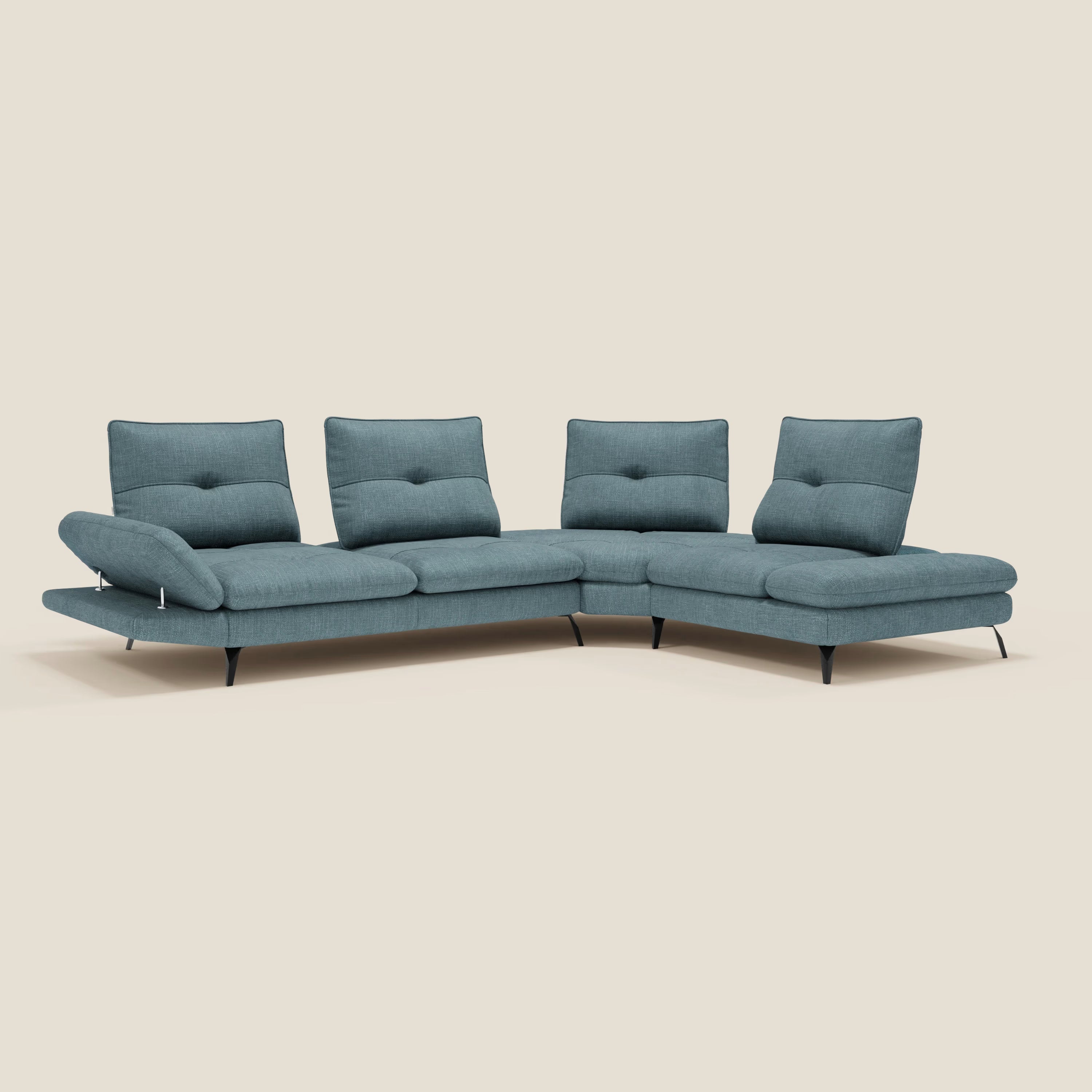 Ardex Canapé d'angle  - dossiers coulissants et accoudoirs réglables en élégant tissu imperméable T06 bleu ciel