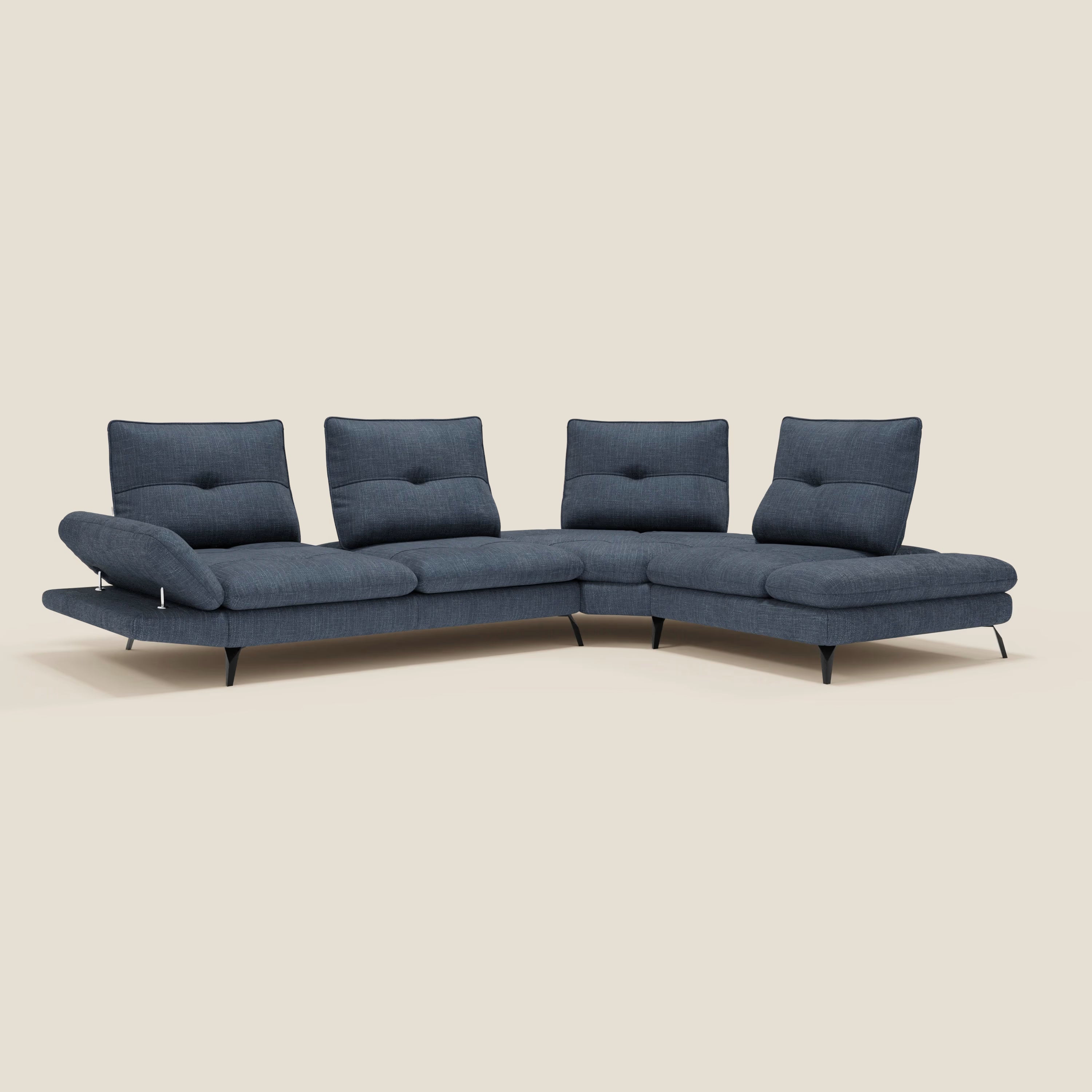 Ardex Canapé d'angle  - dossiers coulissants et accoudoirs réglables en élégant tissu imperméable T06 bleu