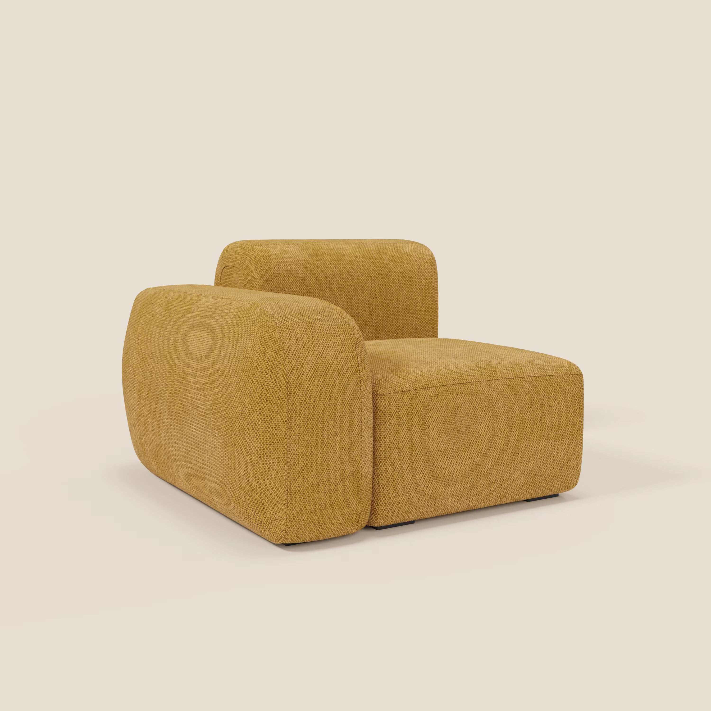 BonBon modulo terminale 105 cm sinistro o destro - Grande Fratello edition giallo di Divani.Store è una poltrona moderna senza braccioli in tessuto giallo senape con bordi arrotondati e schienale basso, presentata su uno sfondo bianco sporco.