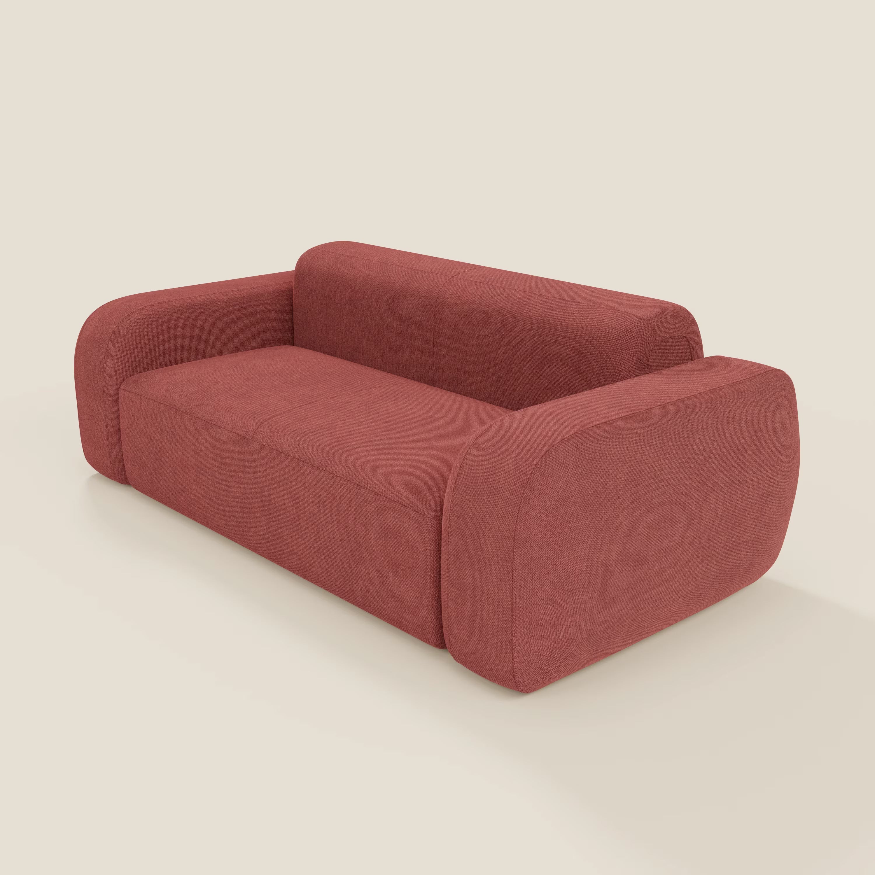 Il BonBon Divano modulare Lineare 220 di Divani.Store è caratterizzato da una seduta singola in tessuto antimacchia T23 rosso ciliegia, con bordi arrotondati, braccioli spessi, schienale basso e design moderno e squadrato su uno sfondo chiaro.