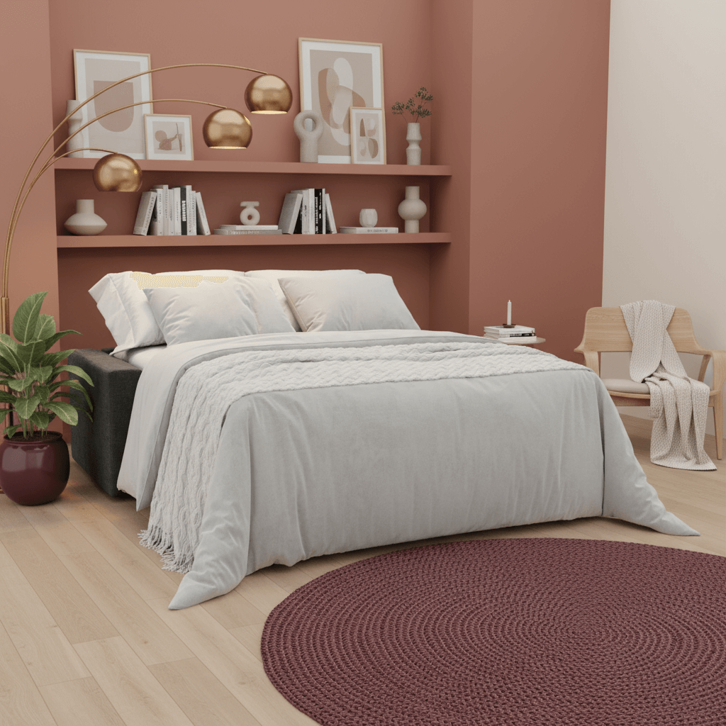 Una camera da letto moderna è caratterizzata dal divano letto matrimoniale Diomede in velluto T35 antracite di Divani.Store, dalla biancheria da letto bianca, dalla coperta grigia, dalle librerie a muro, dalle opere d'arte incorniciate su una parete rossa tenue, dalla lampada ad arco dorata, dalla pianta in vaso, dalla sedia in legno con coperta e dal tappeto marrone sul pavimento in legno chiaro.