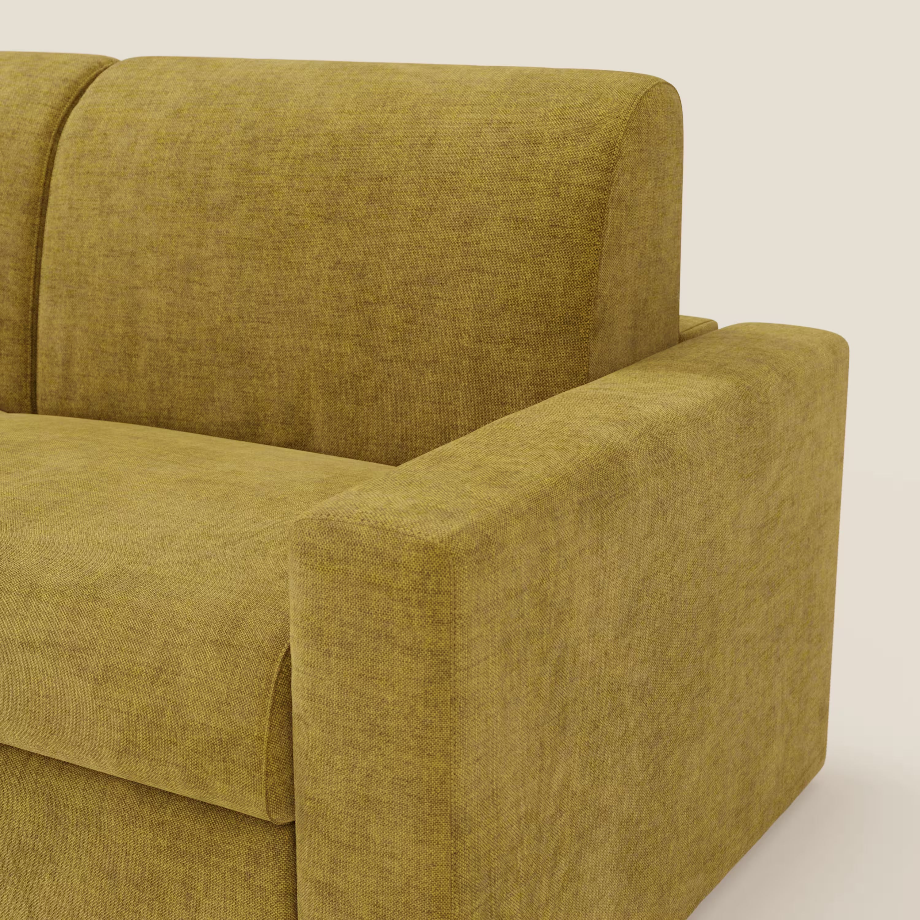 Primo piano del Diomede Divano letto matrimoniale di Divani.Store, presentato in T35 giallo senape velluto easy clean sfoderabile. Il design moderno e squadrato è caratterizzato da linee pulite e da una texture morbida con bracciolo, seduta e schienale a vista a destra.