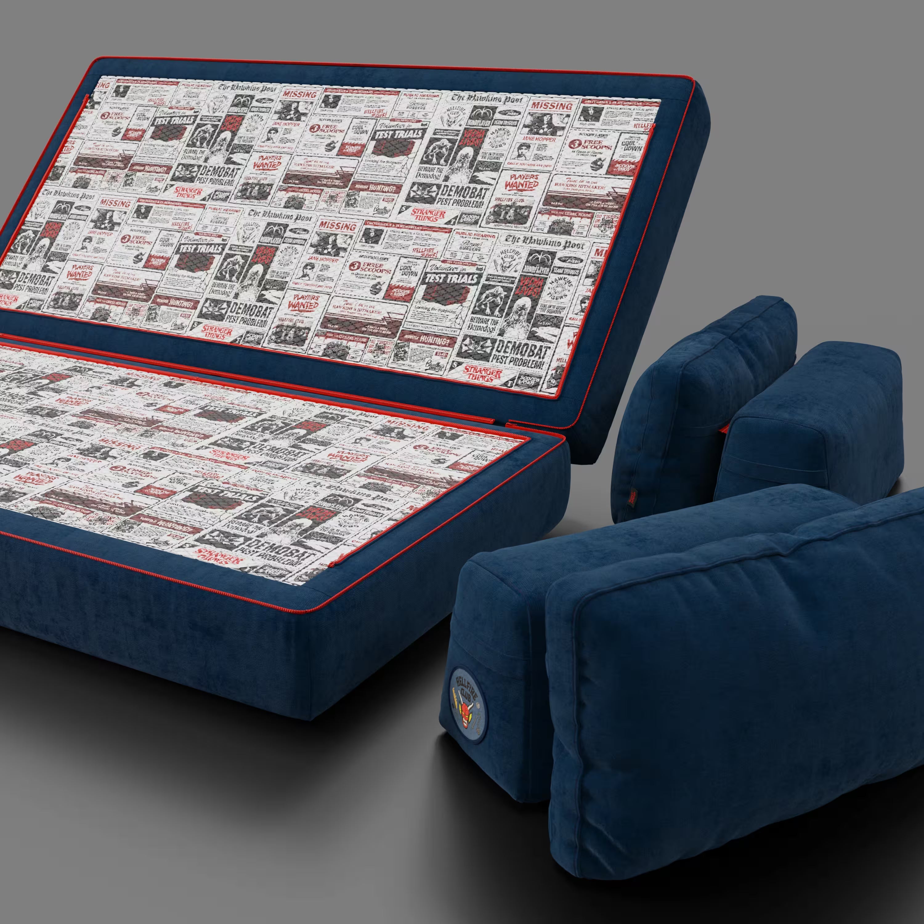 Rift Canapé-lit double Édition STRANGER THINGS 2 places et 3 places avec dossiers amovibles - matelas de 22 cm d'épaisseur en mousse à mémoire de forme en tissu détachable Bleu