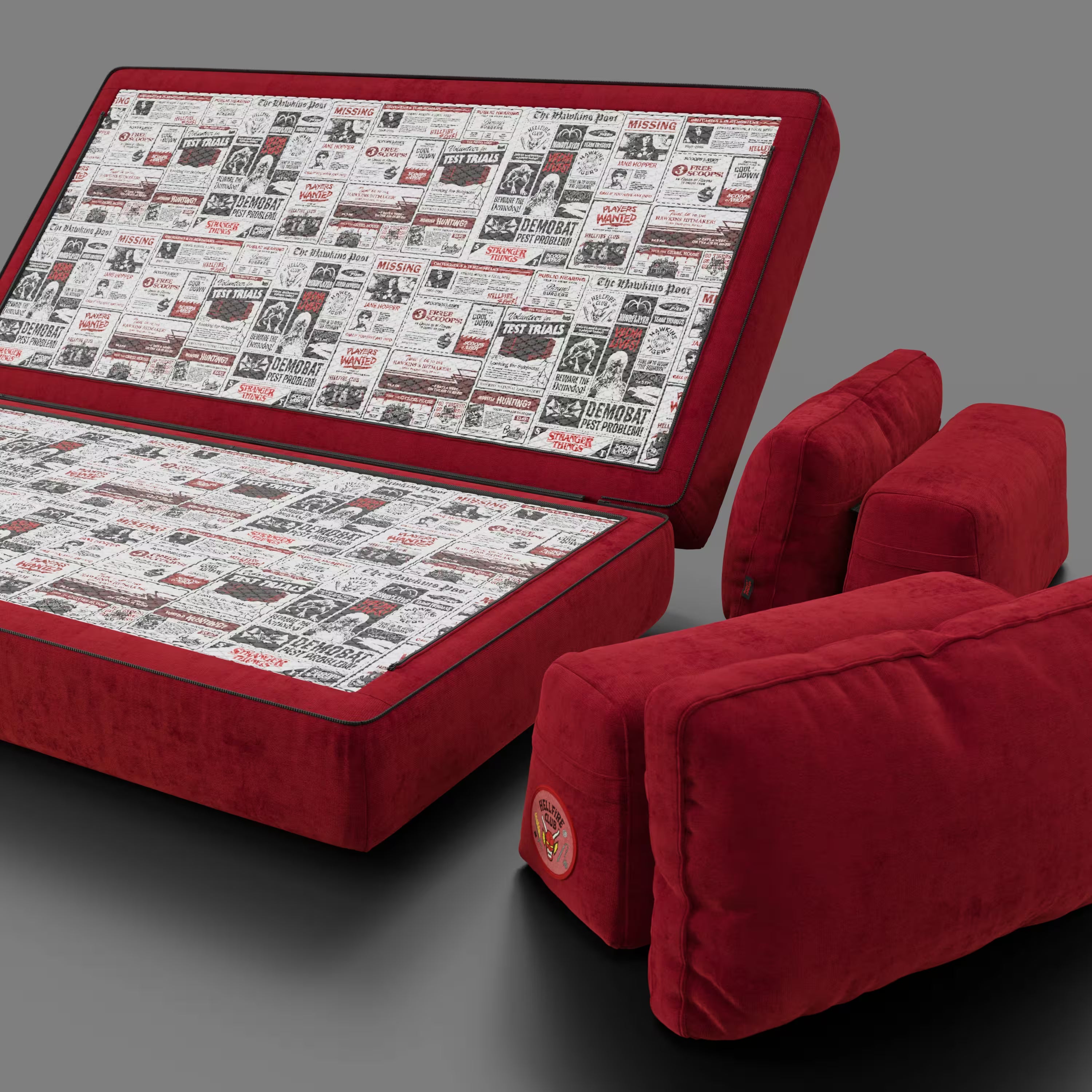 Rift Canapé-lit double Édition STRANGER THINGS 2 places et 3 places avec dossiers amovibles - matelas de 22 cm d'épaisseur en mousse à mémoire de forme en tissu détachable Rouge