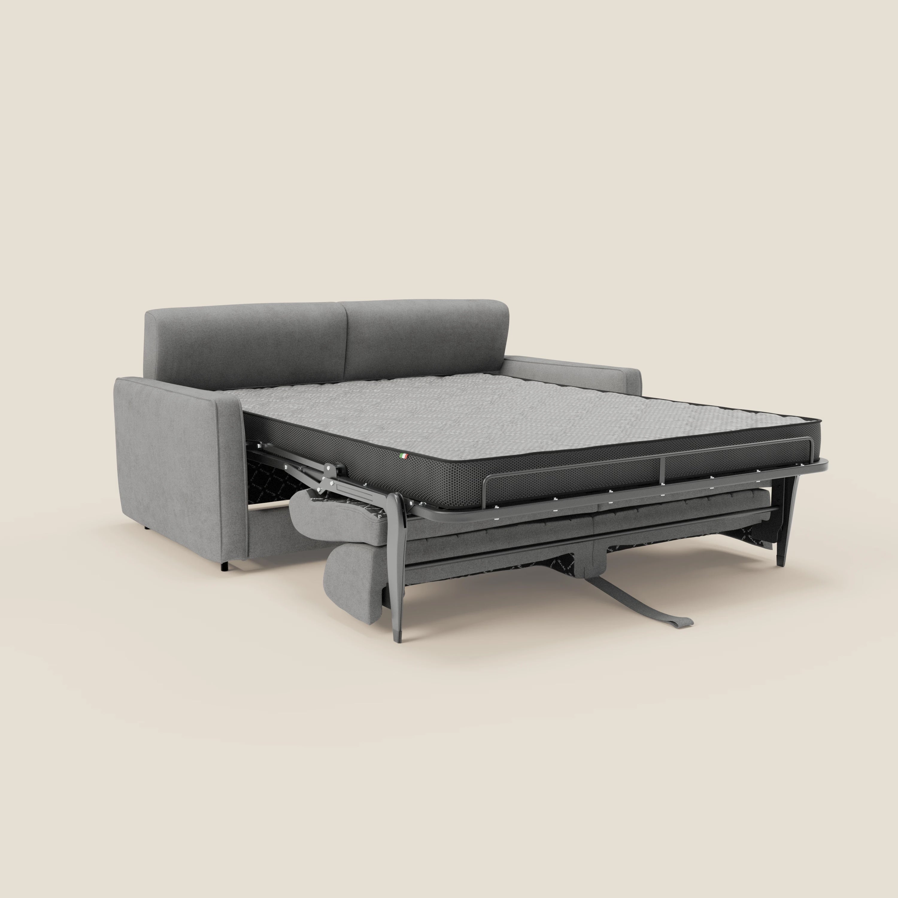 Il Nivon Divano letto moderno di Divani.Store è caratterizzato da un materasso di 16 cm, poggiatesta regolabili e tessuto impermeabile grigio T25. Grazie agli ampi braccioli e allo schienale imbottito, spicca in spazi minimali su uno sfondo chiaro.