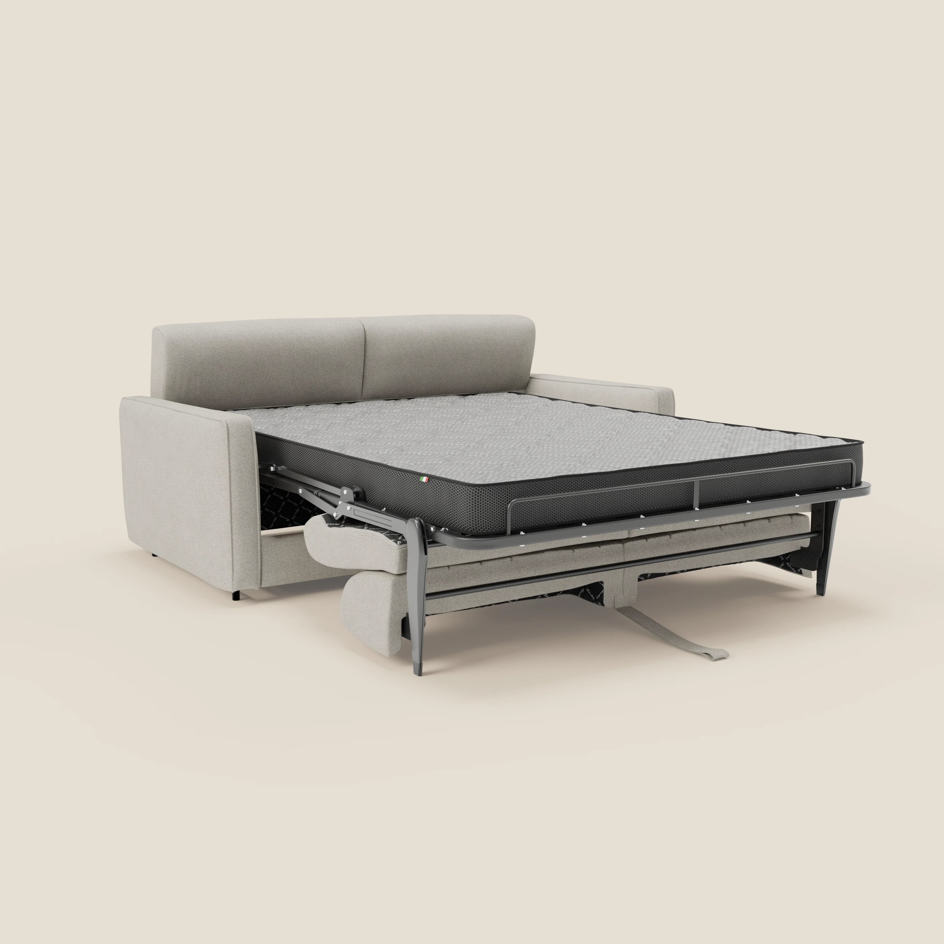 Il Nivon Divano letto moderno di Divani.Store è caratterizzato da un tessuto impermeabile Panna T25 e da un poggiatesta regolabile; quando è esteso, il materasso H16 cm e la struttura in metallo nero spiccano su uno sfondo beige, fondendo comfort e stile moderno.