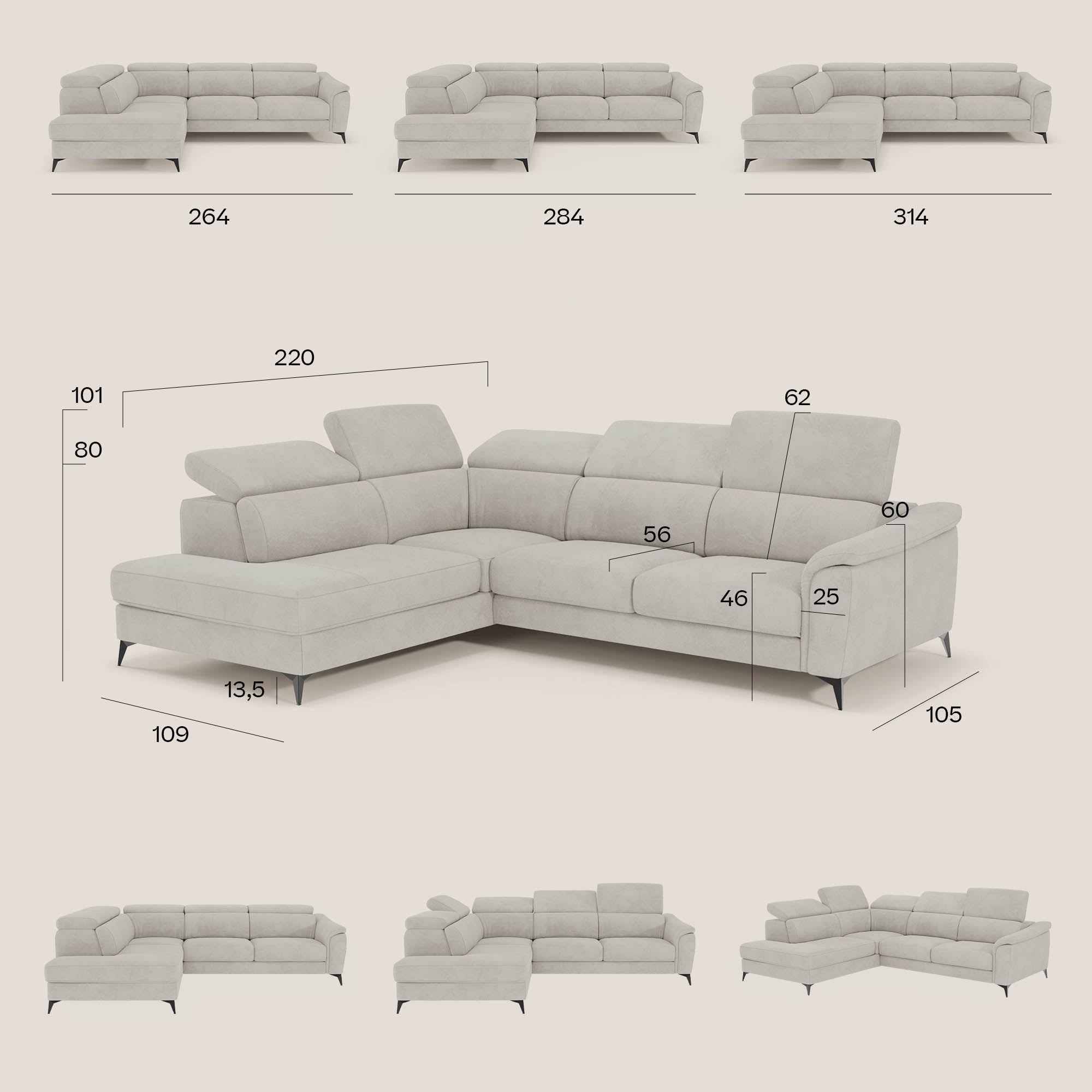 Arcos Canapé d'angle - pieds hauts et têtières inclinables en microfibre imperméable T11 jaune