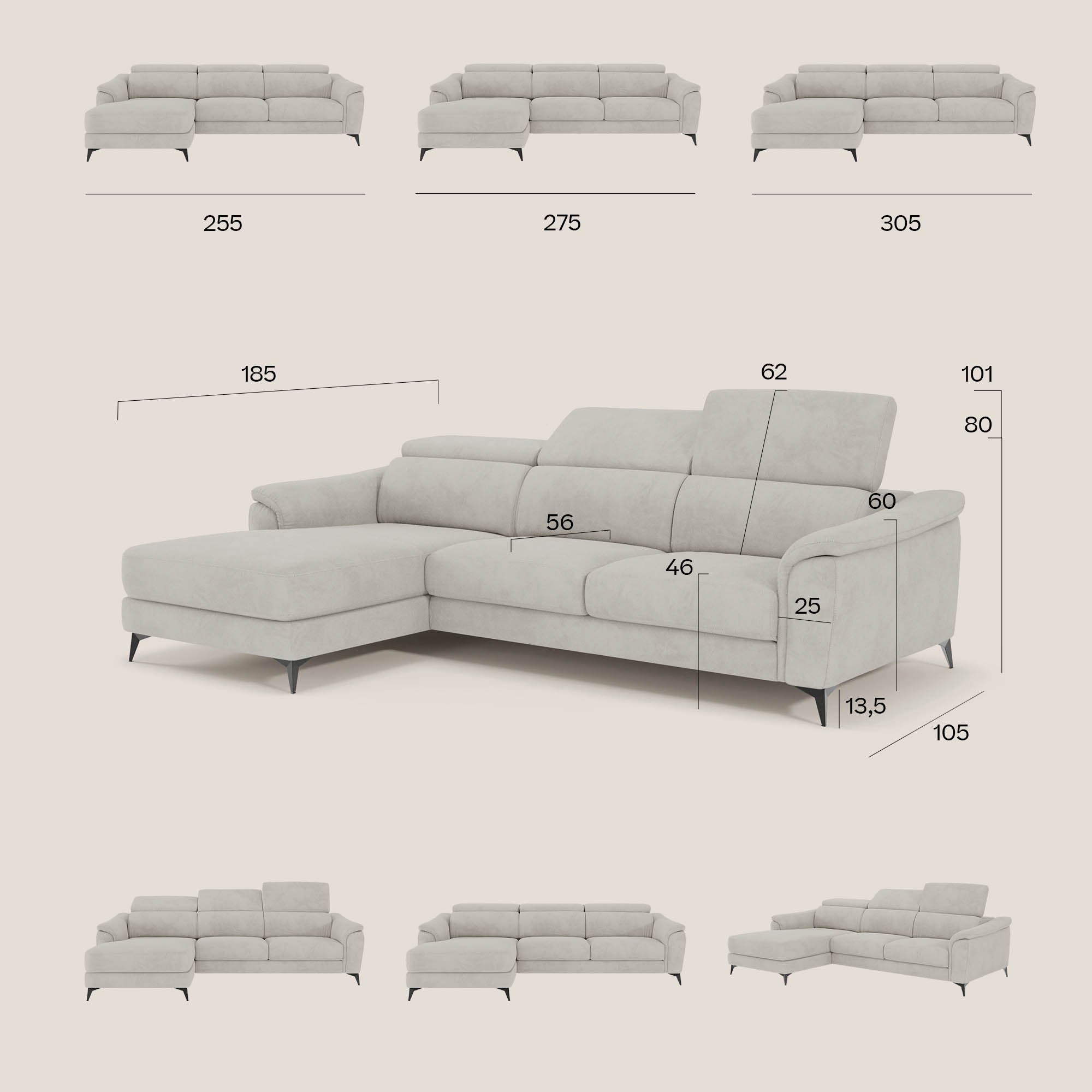 Arcos Canapé avec méridienne - pieds hauts et têtières inclinables en microfibre imperméable T11 jaune