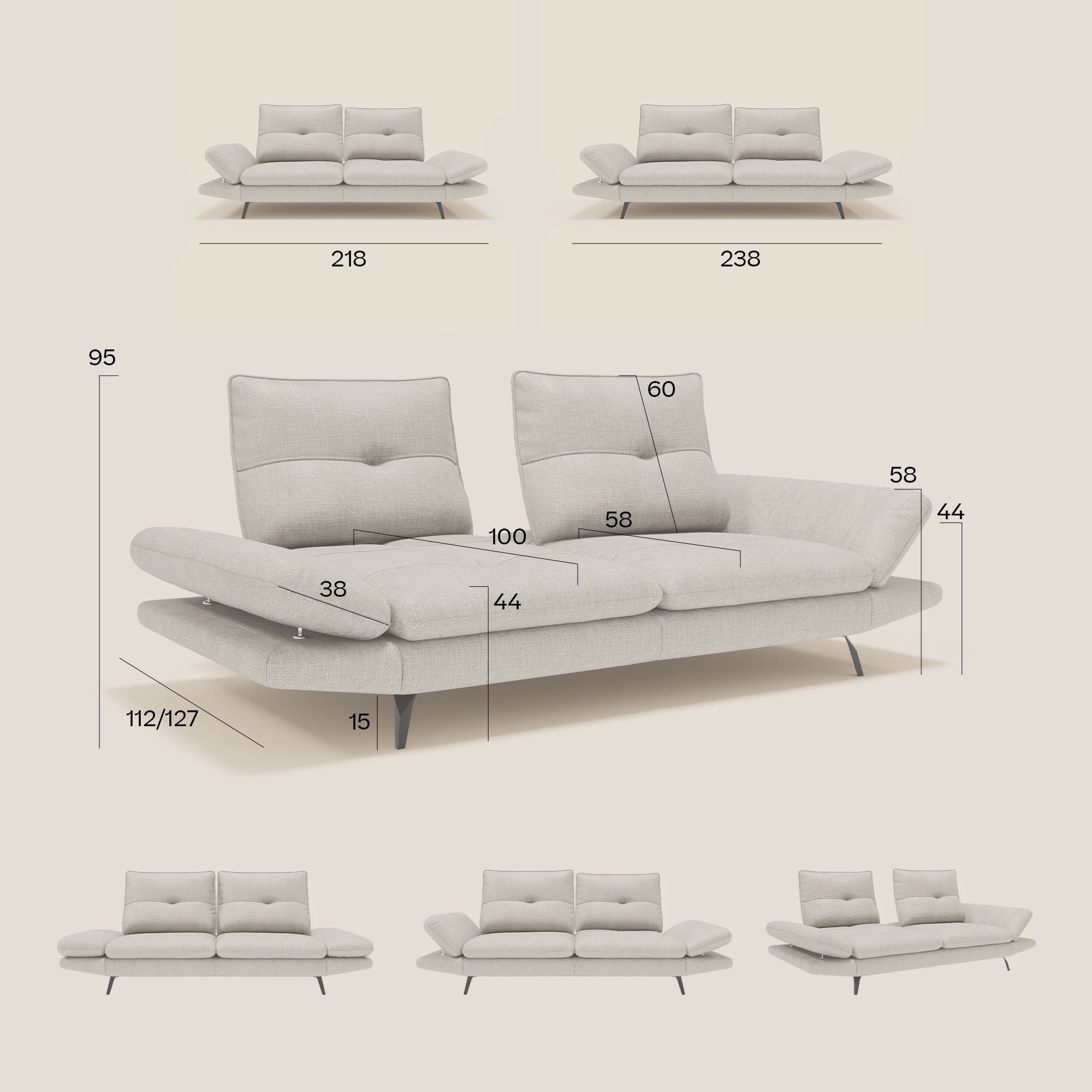 Ardex Canapé 3 places avec dossiers coulissants et accoudoir réglables en tissu doux imperméable T06 bleu ciel