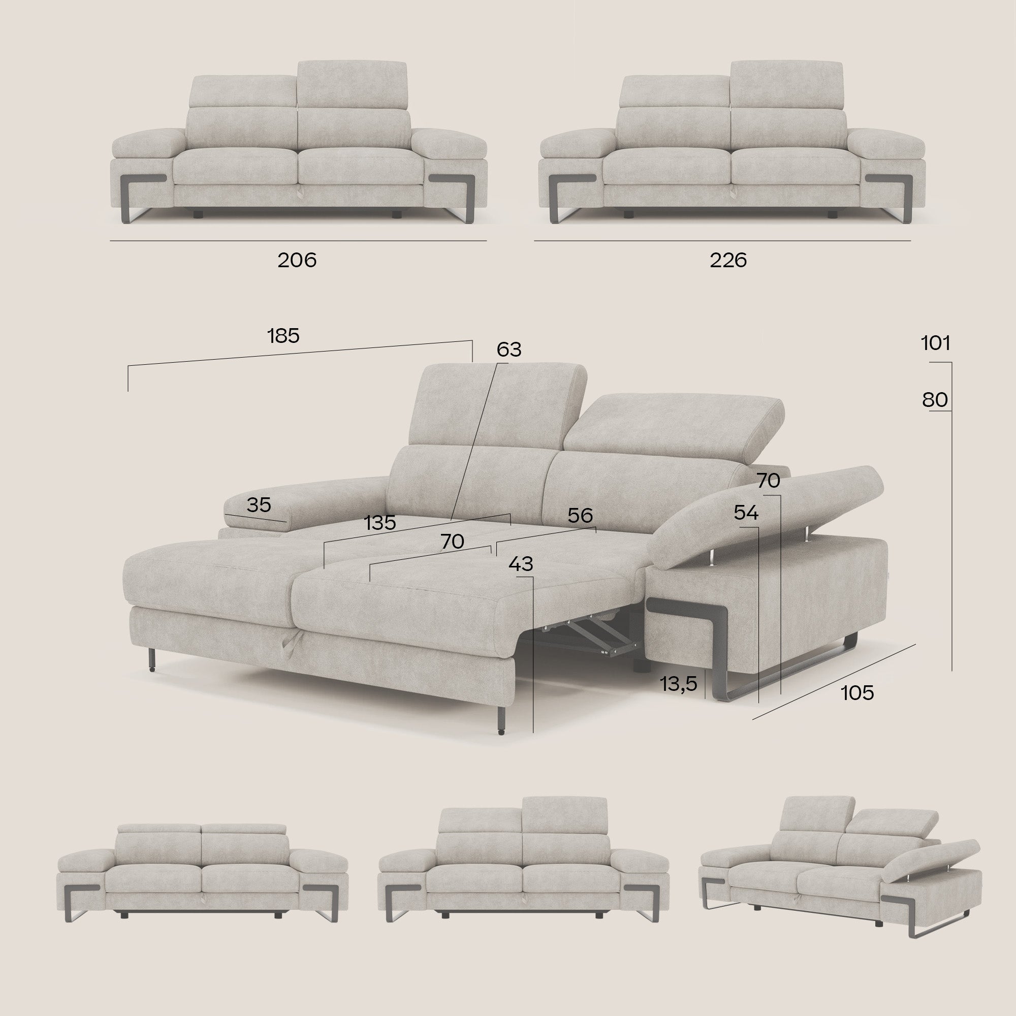 Zayana Canapé 3 places avec élément extractible - accoudoirs et têtières réglables en tissu imperméable T02 jaune