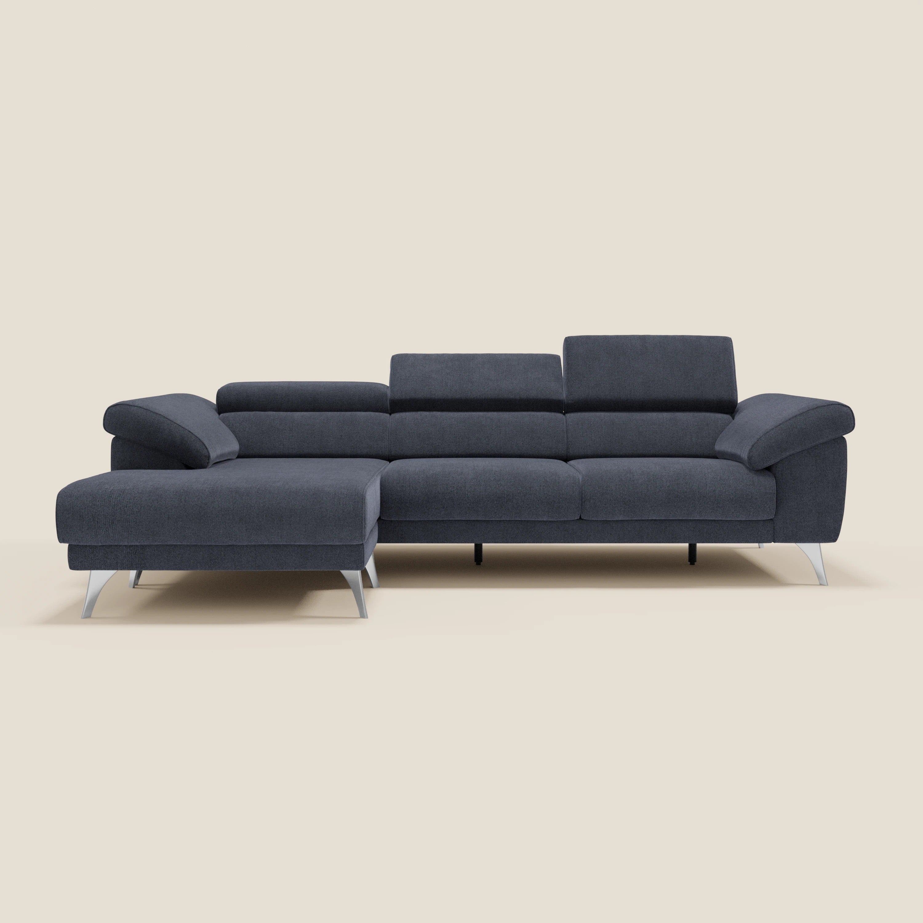 Donatello Canapé d'angle avec assises extensibles accoudoirs avec coffre et têtières en tissu détachable T23 bleu ardoise