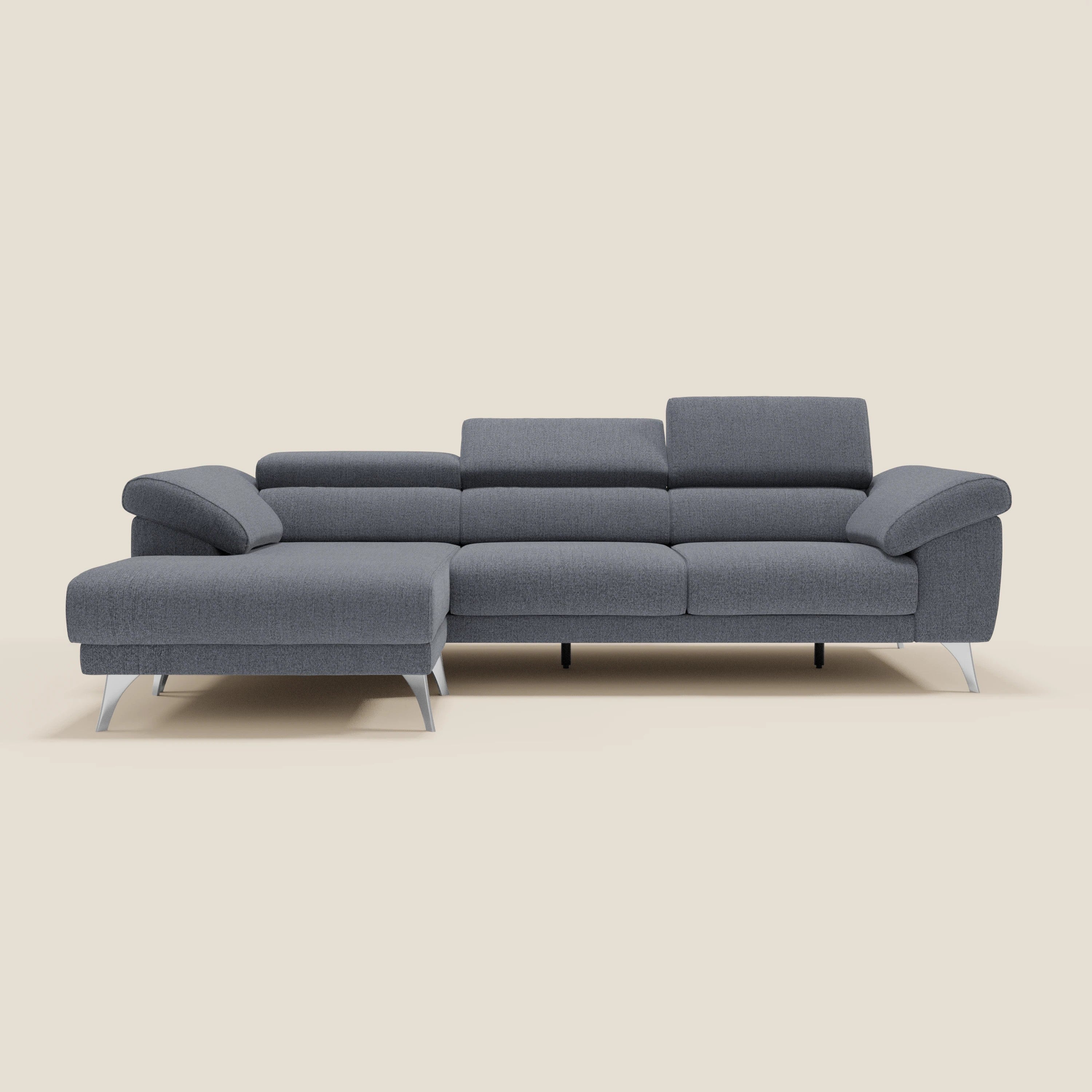 Donatello Canapé d'angle avec assises extensibles accoudoirs avec coffre et têtières en tissu détachable T23 bleu graphite