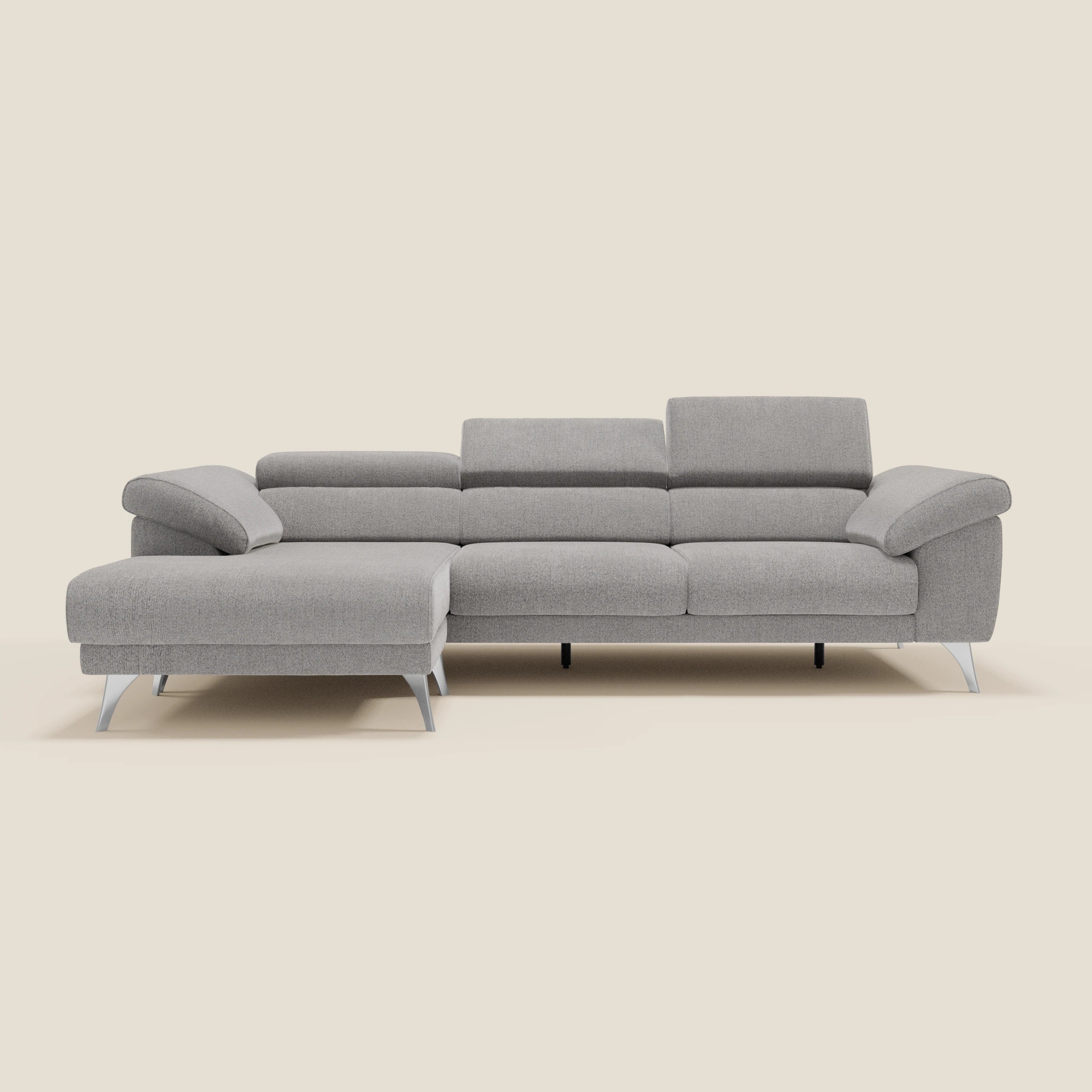 Donatello Canapé d'angle avec assises extensibles accoudoirs avec coffre et têtières en tissu détachable T23 gris