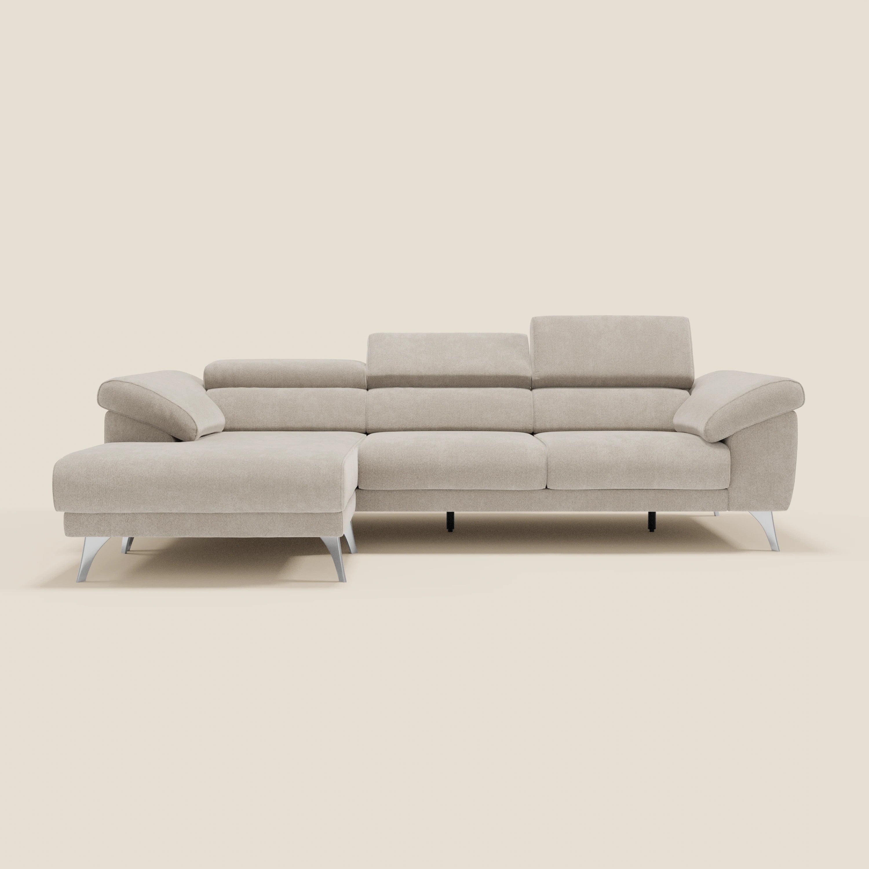 Donatello Canapé d'angle avec assises extensibles accoudoirs avec coffre et têtières en tissu détachable T23 crème