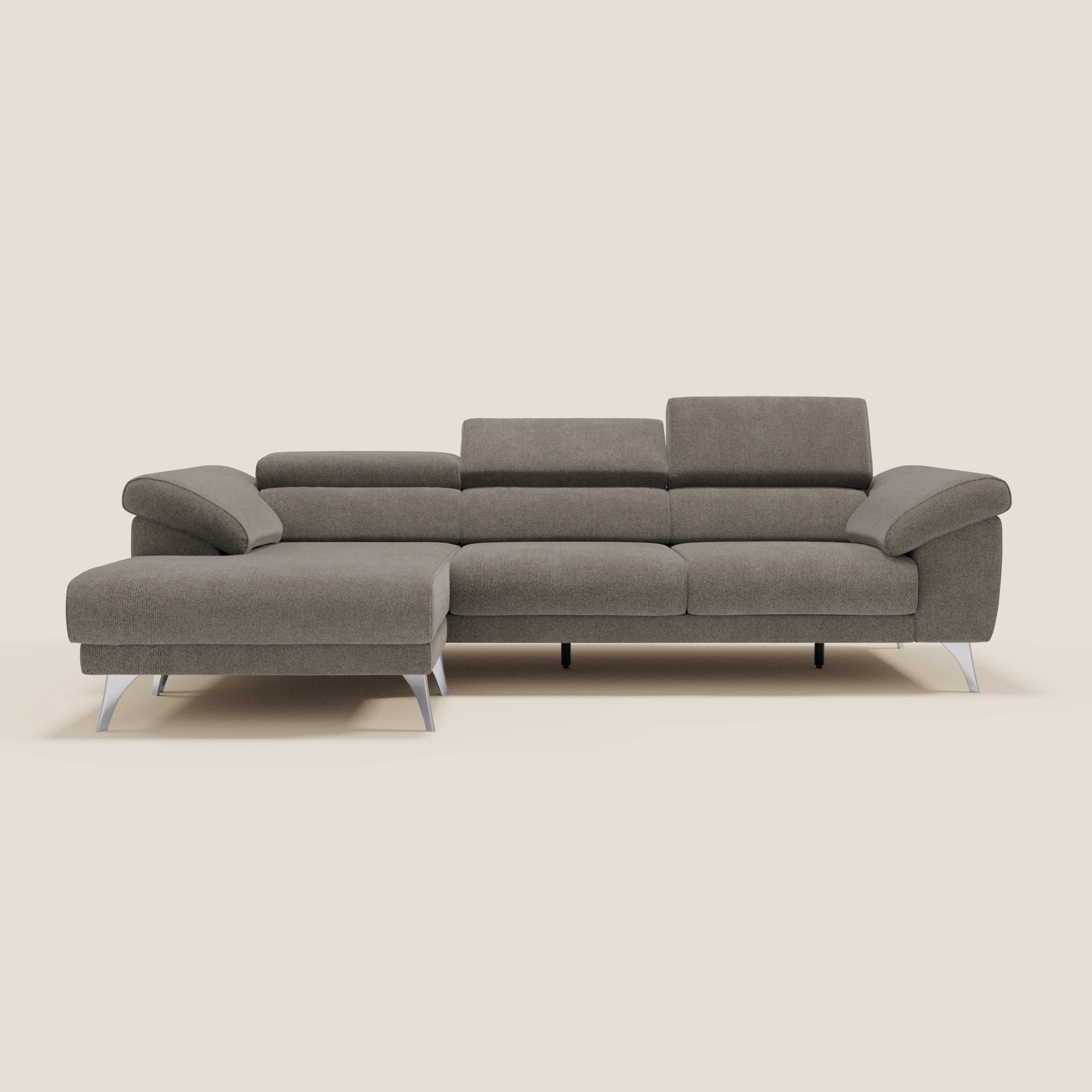 Donatello Canapé d'angle avec assises extensibles accoudoirs avec coffre et têtières en tissu détachable T23 taupe