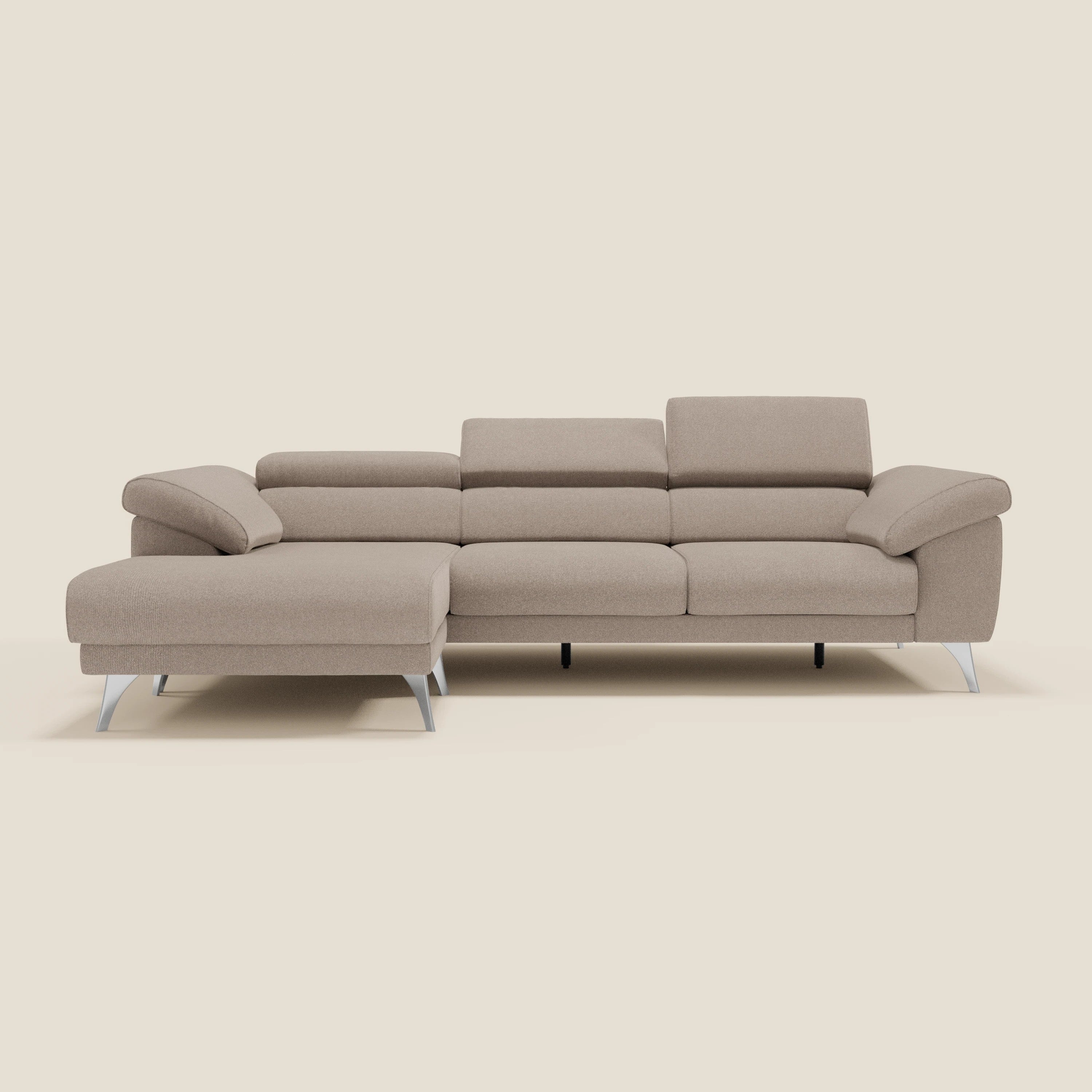 Donatello Canapé d'angle avec assises extensibles accoudoirs avec coffre et têtières en tissu détachable T23 tortora