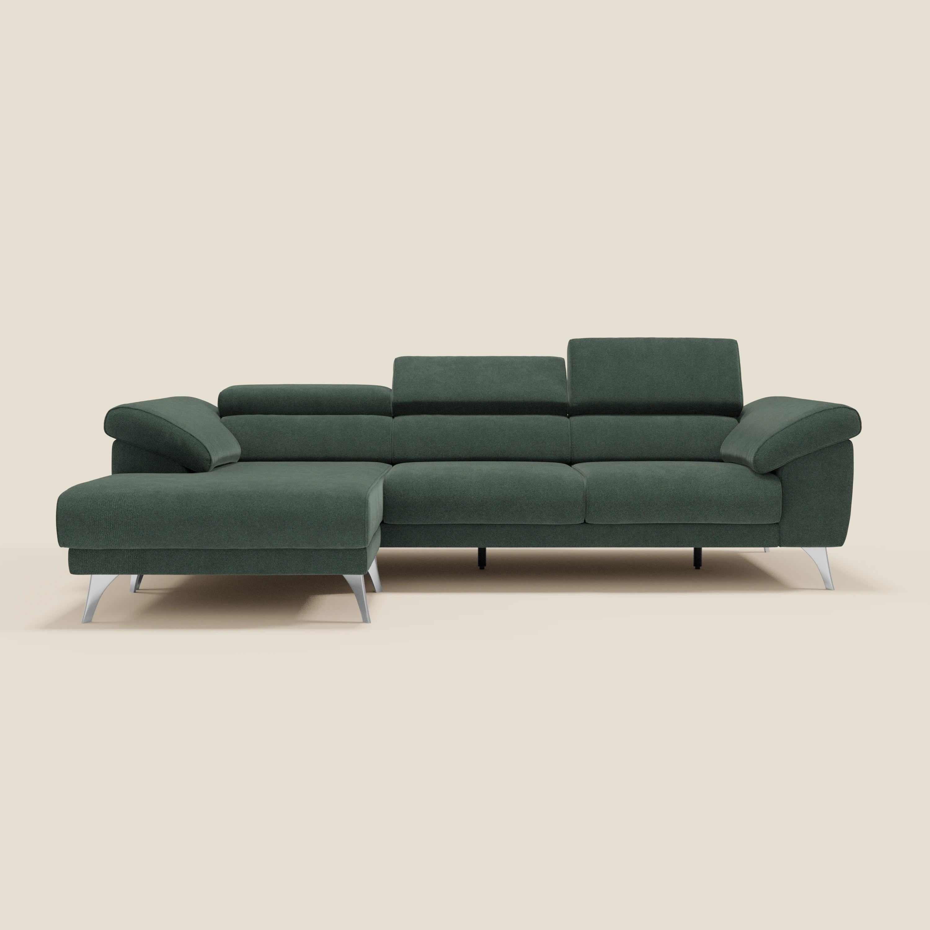 Donatello Canapé d'angle avec assises extensibles accoudoirs avec coffre et têtières en tissu détachable T23 vert