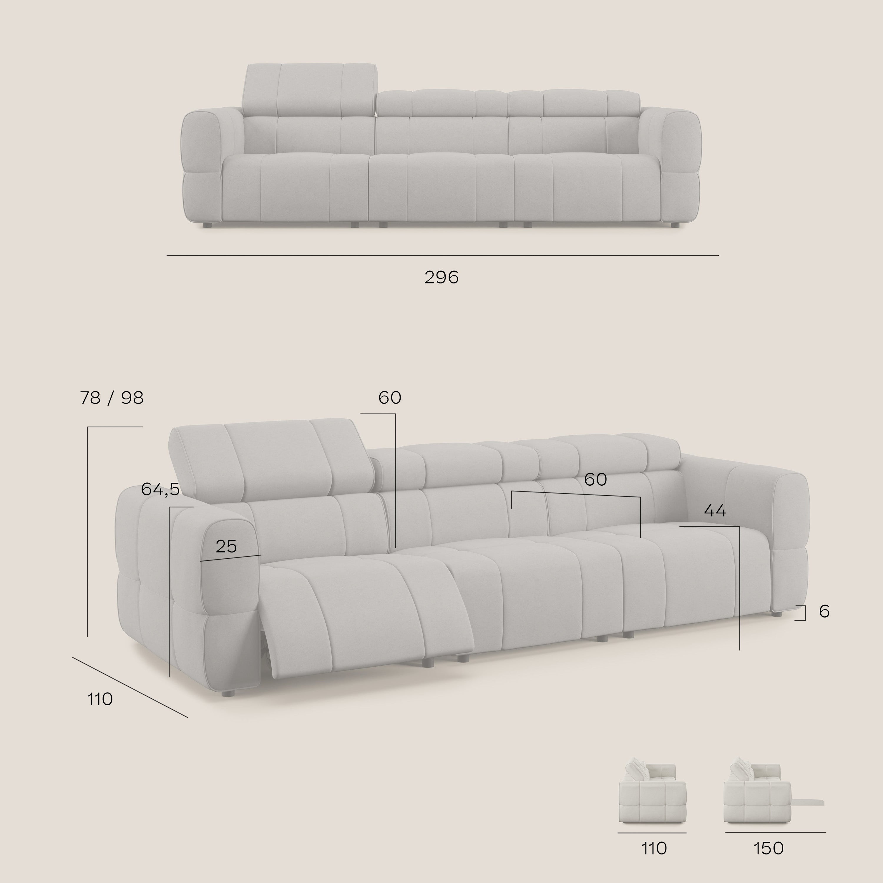 Giotto Divano modulare a 3 sedute con opzione relax elettrico in microfibra effetto velluto impermeabile T09 carta da zucchero - divani.store
