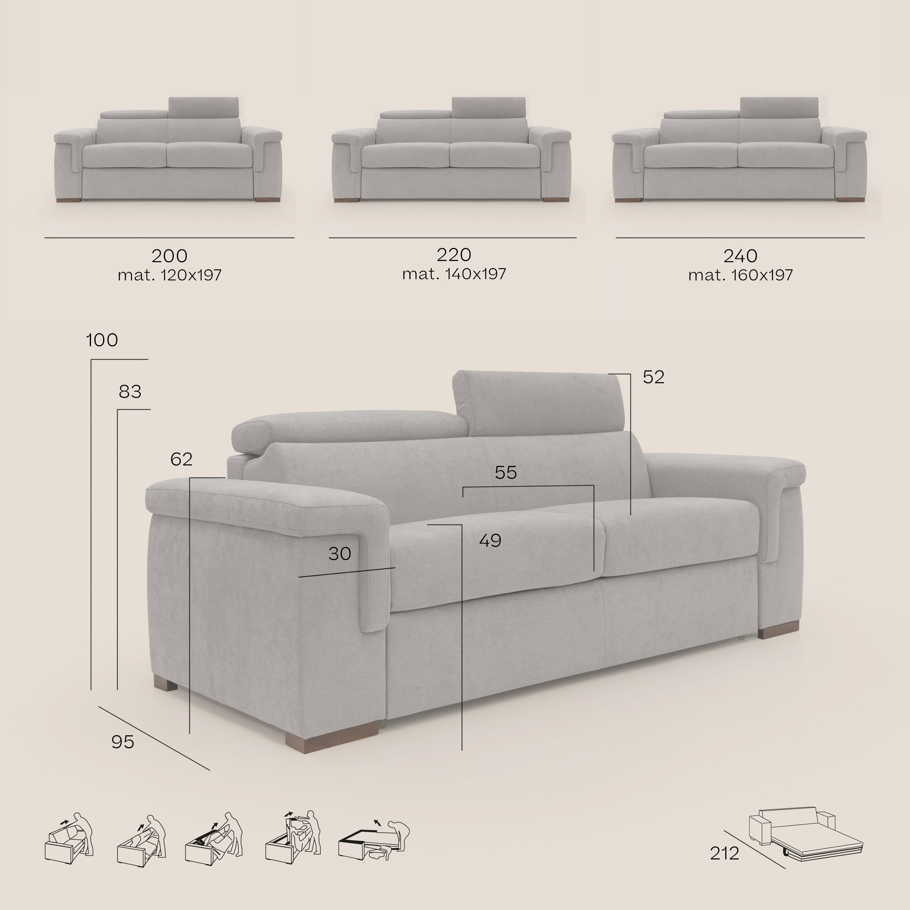 Giunone divano letto con materasso alto 18 cm e poggiatesta reclinabili in tessuto impermeabile T02 rosso - divani.store