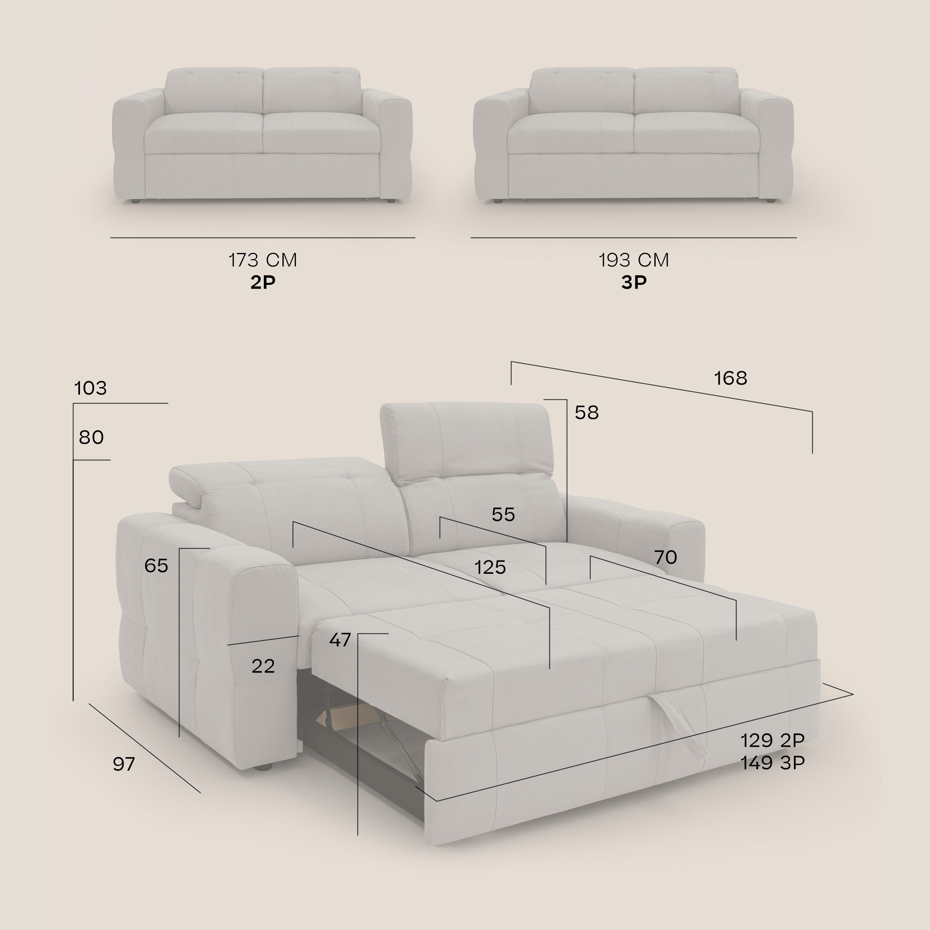 Kronos Divano con pouf estraibile poggiapiedi e poggiatesta reclinabili in morbida microfibra impermeabile T11 panna - divani.store