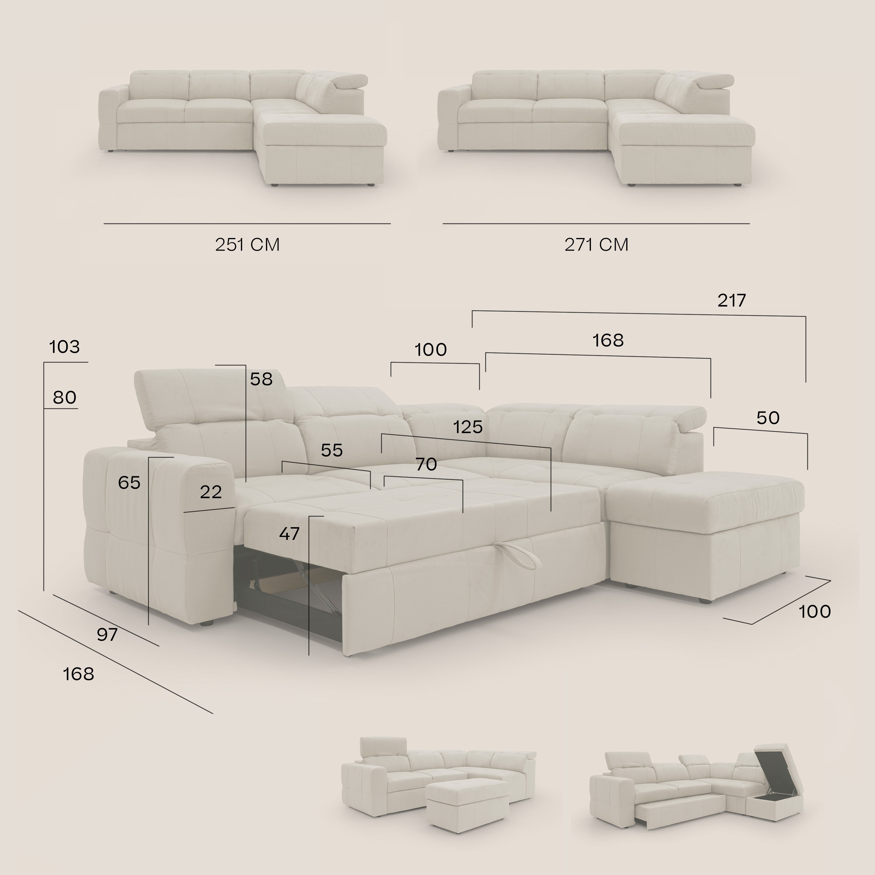 Kronos Divano angolare con poggiapiedi estraibile e pouf contenitore mobile in microfibra impermeabile T11 carta da zucchero - divani.store