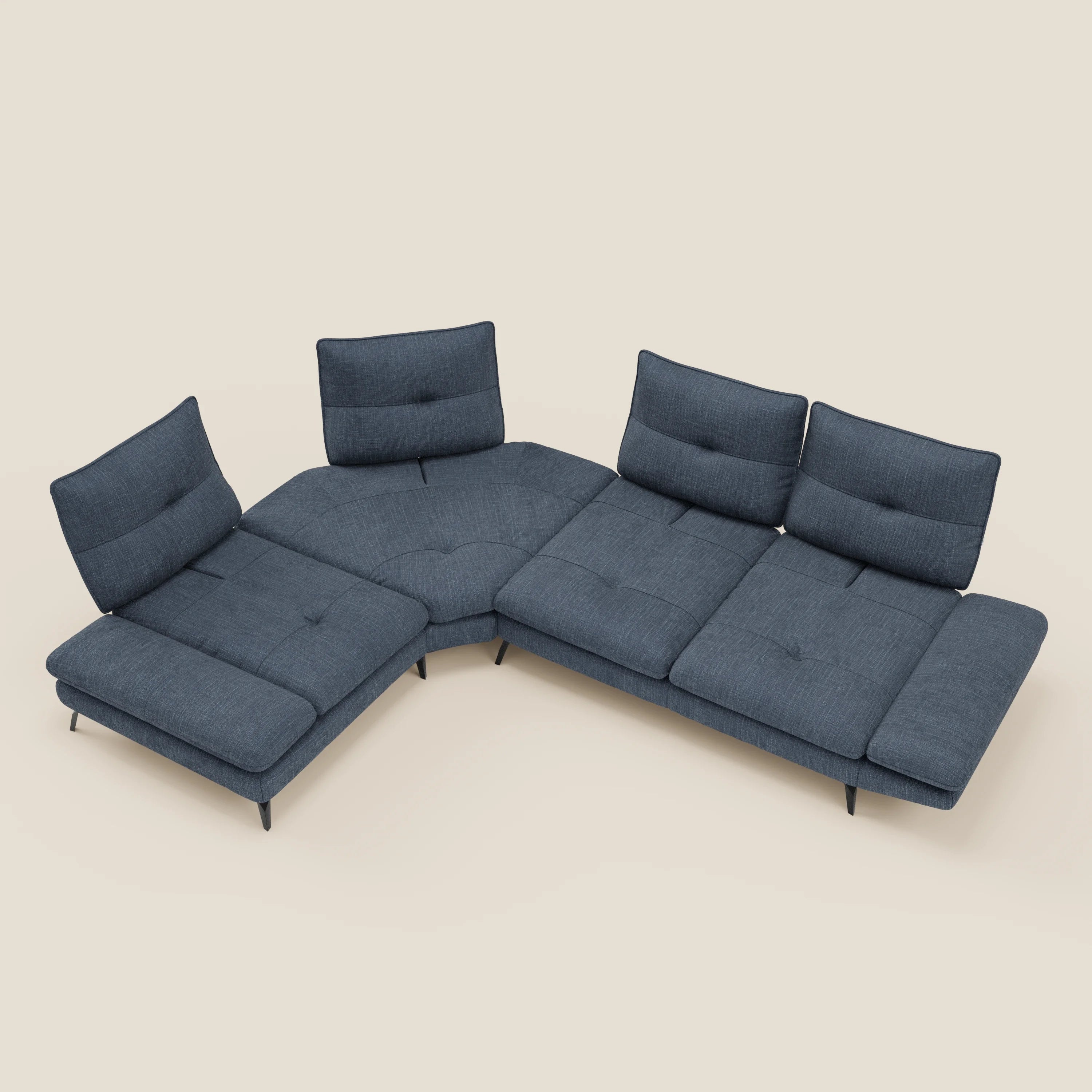 Ardex Canapé d'angle  - dossiers coulissants et accoudoirs réglables en élégant tissu imperméable T06 bleu