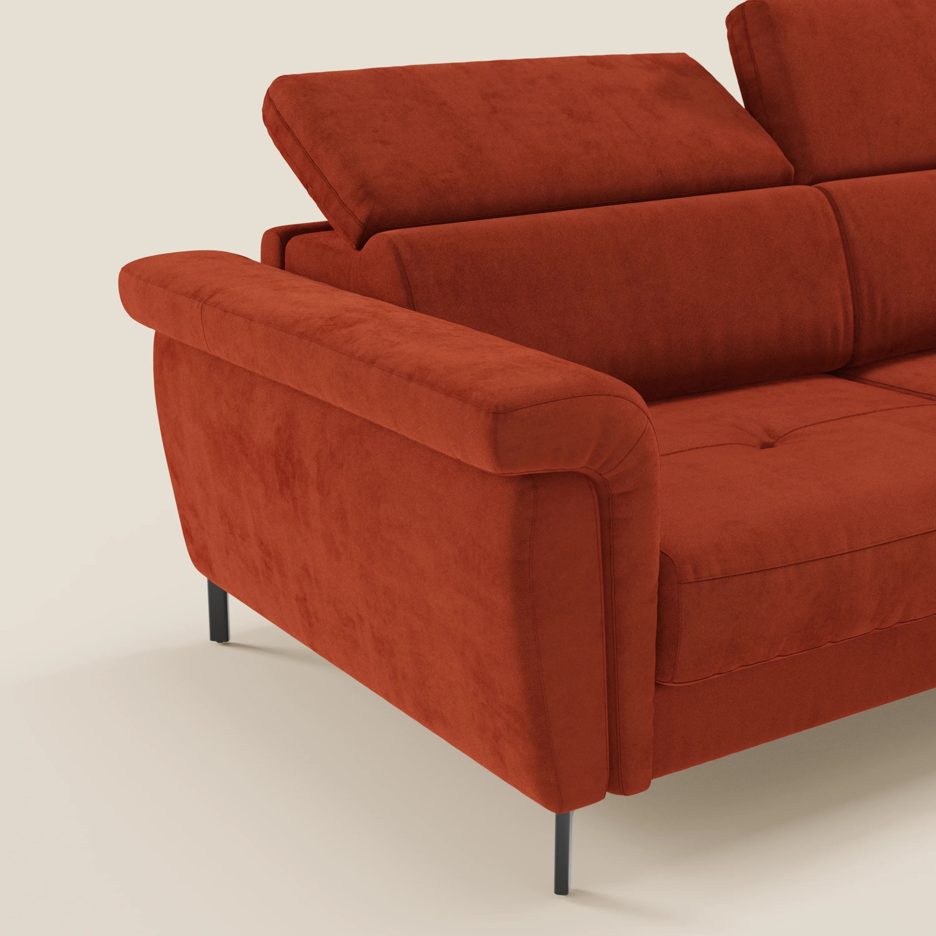 Capri divano letto di design con piedini alti - poggiatesta reclinabili in raffinato tessuto effetto velluto smacchiabile T30 - divani.store