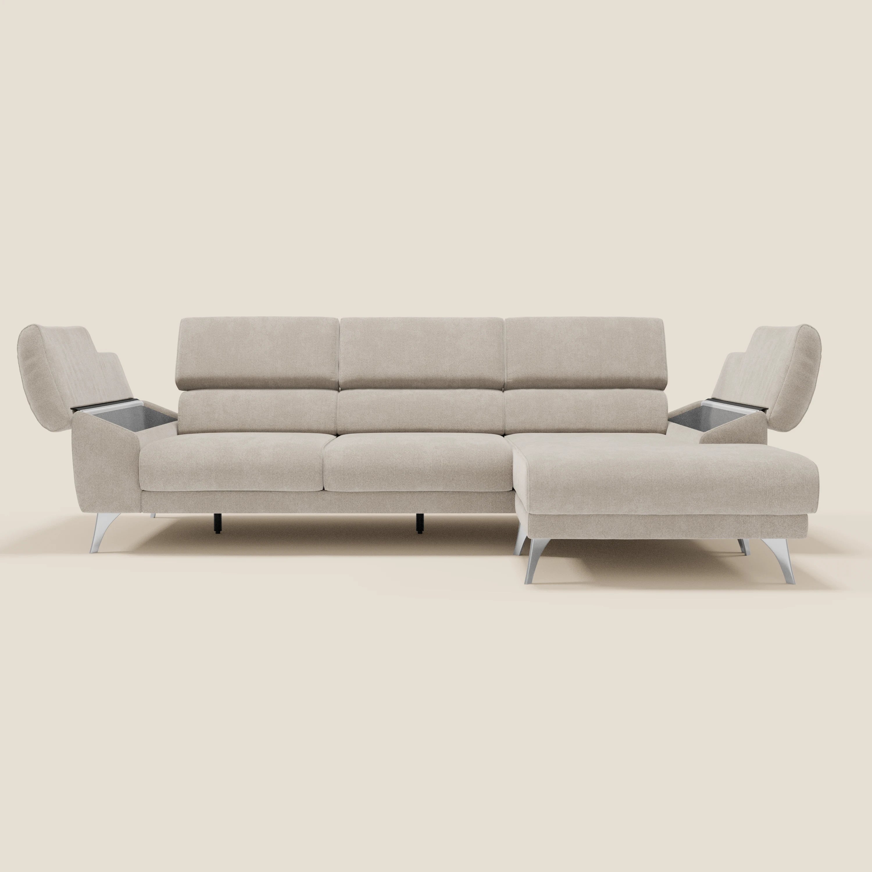 Donatello Canapé d'angle avec assises extensibles accoudoirs avec coffre et têtières en tissu détachable T23 crème