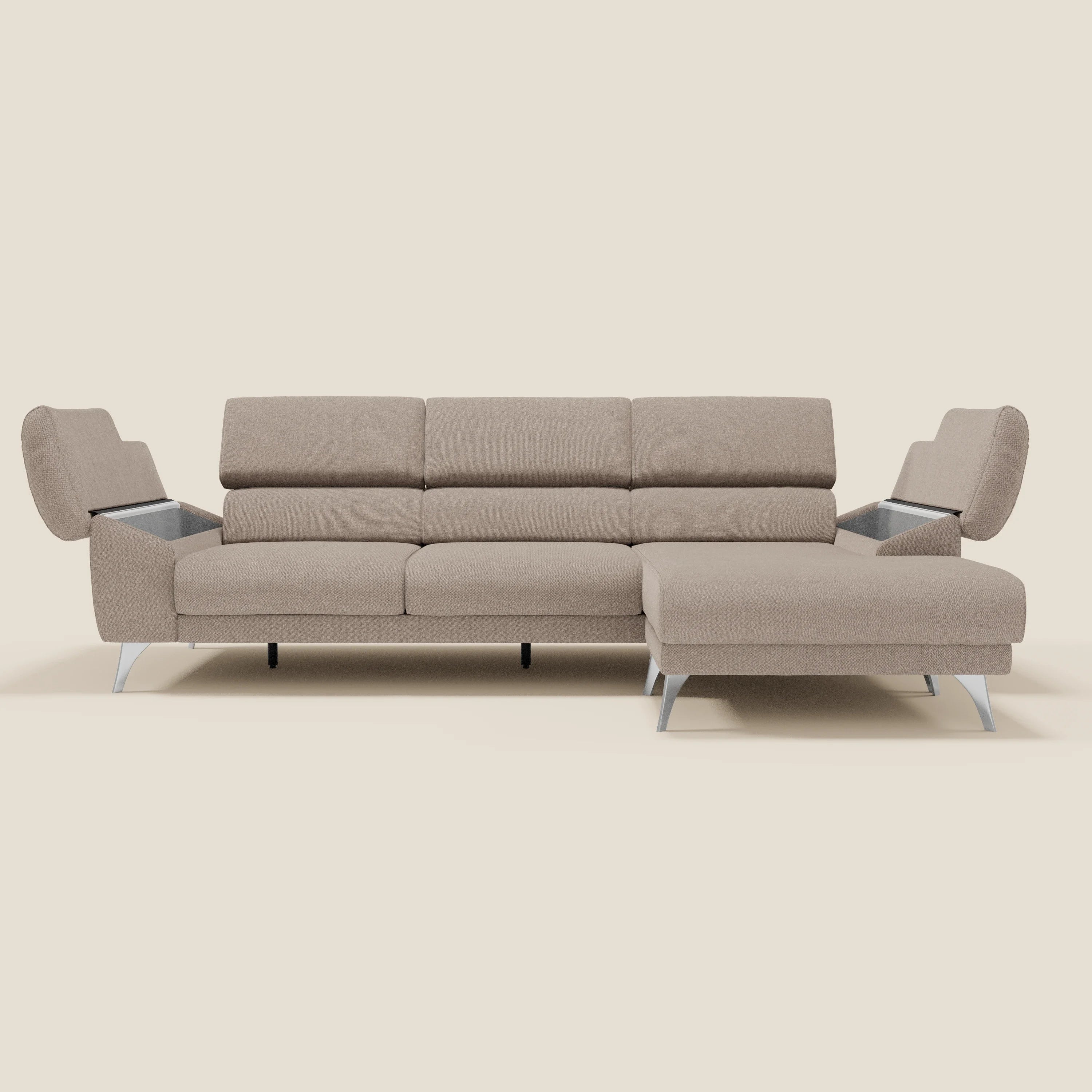 Donatello Canapé d'angle avec assises extensibles accoudoirs avec coffre et têtières en tissu détachable T23 tortora