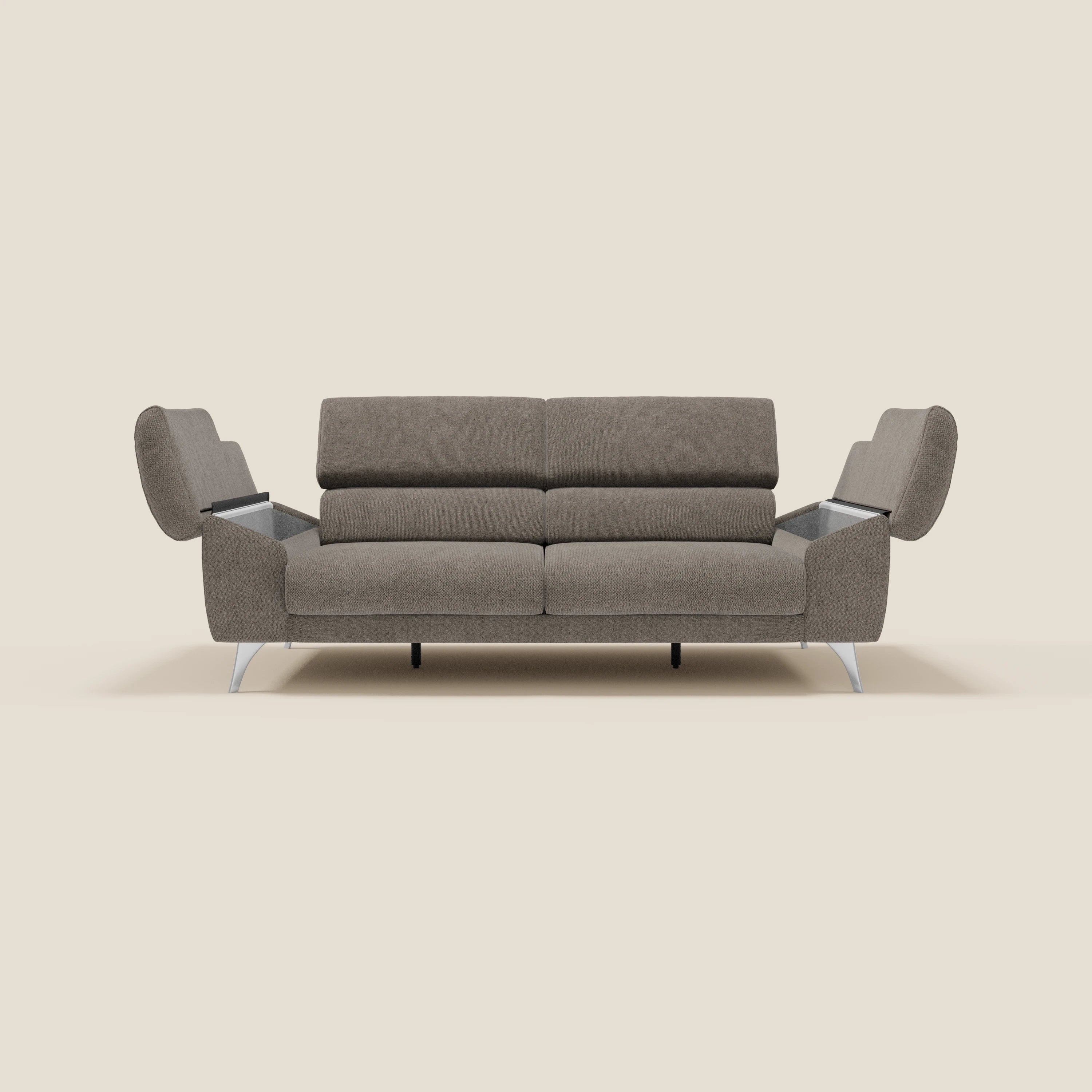 Donatello Canapé avec assises extensibles accoudoirs avec coffre et têtières inclinables en tissu détachable T23 taupe