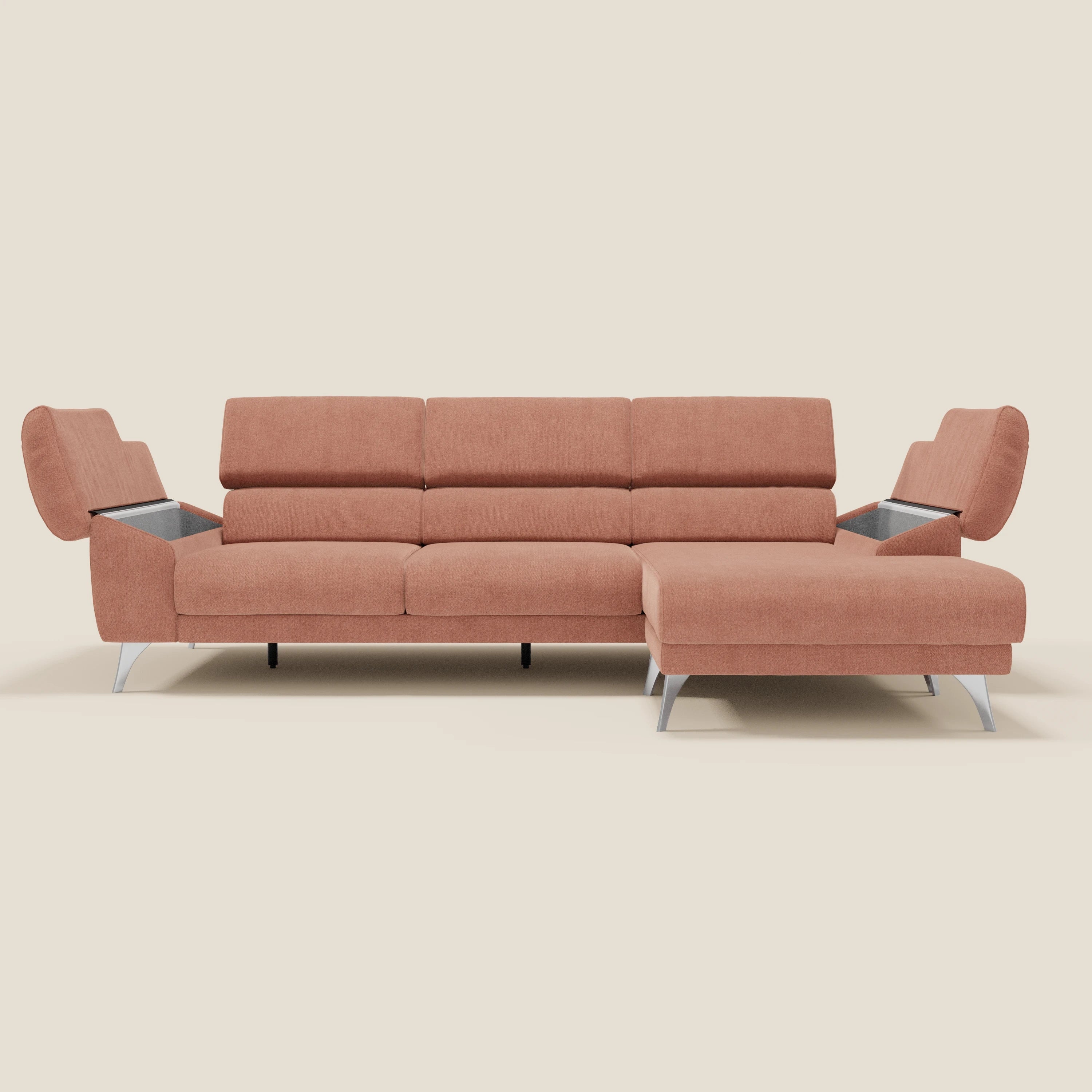 Donatello Canapé d'angle avec assises extensibles accoudoirs avec coffre et têtières en tissu détachable T23 pêche