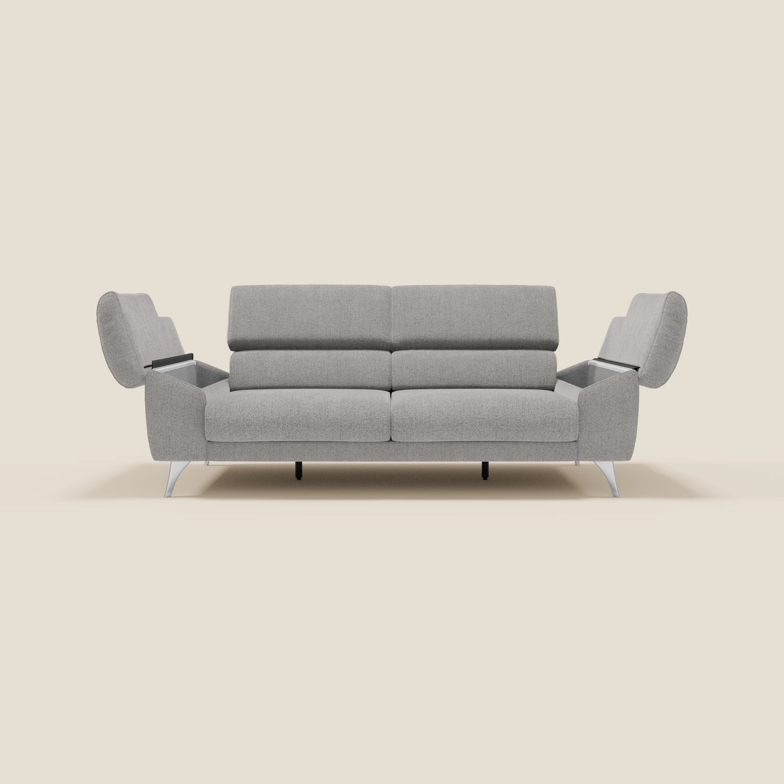 Donatello Canapé avec assises extensibles accoudoirs avec coffre et têtières inclinables en tissu détachable T23 gris