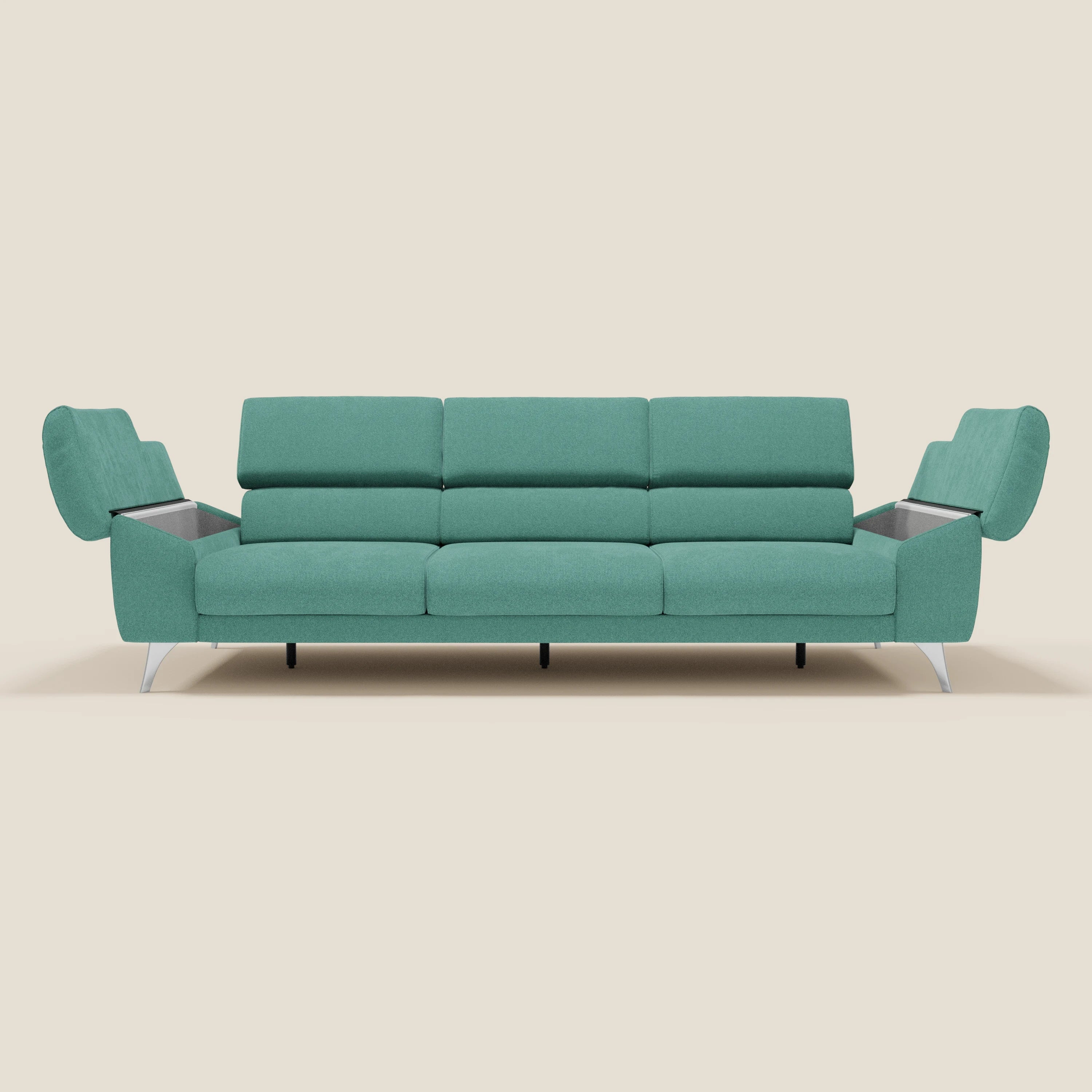 Donatello Canapé avec 3 assises extensibles accoudoirs avec coffre et têtières inclinables en tissu détachable T23 vert aquamarine