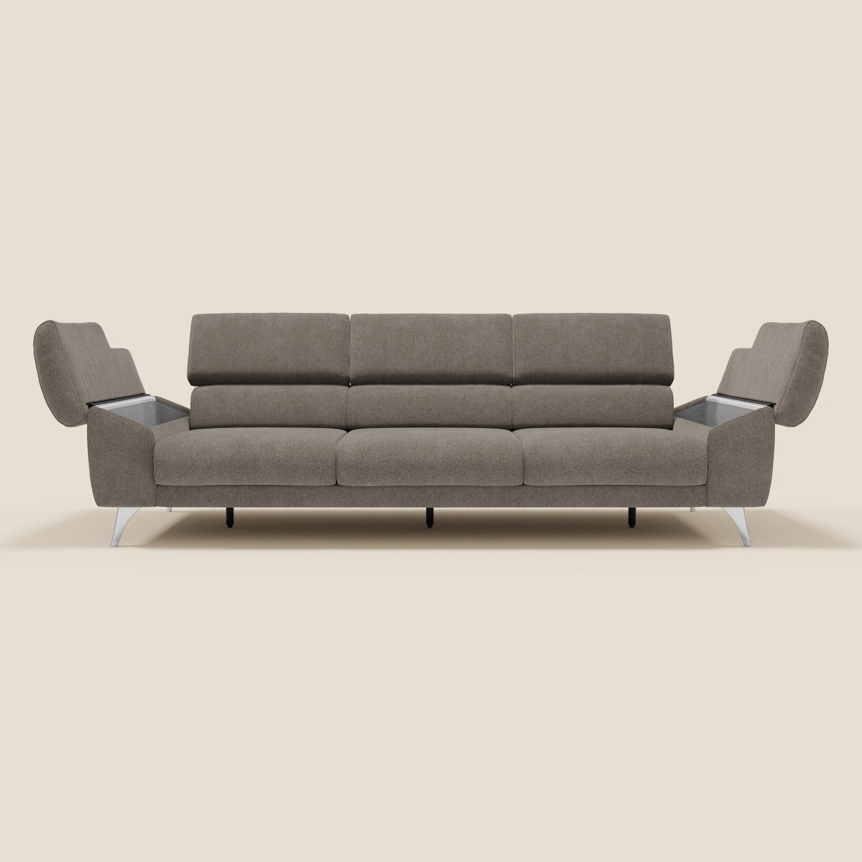 Donatello Canapé avec 3 assises extensibles accoudoirs avec coffre et têtières inclinables en tissu détachable T23 taupe