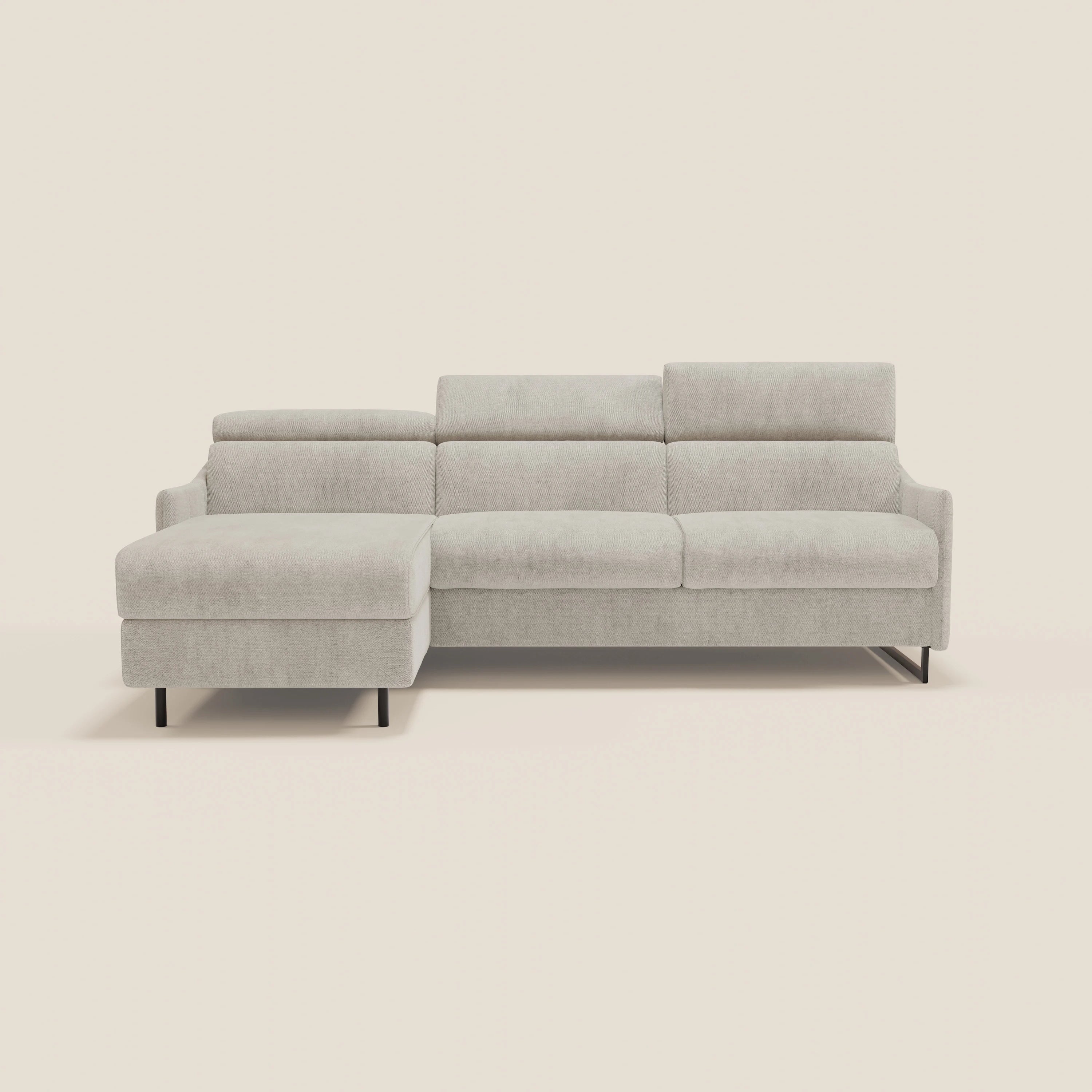 Loto Divano Letto Angolare con Penisola contenitore, Poggiatesta, Materasso Alto H18 in morbido tessuto impermeabile T14 - divani.store