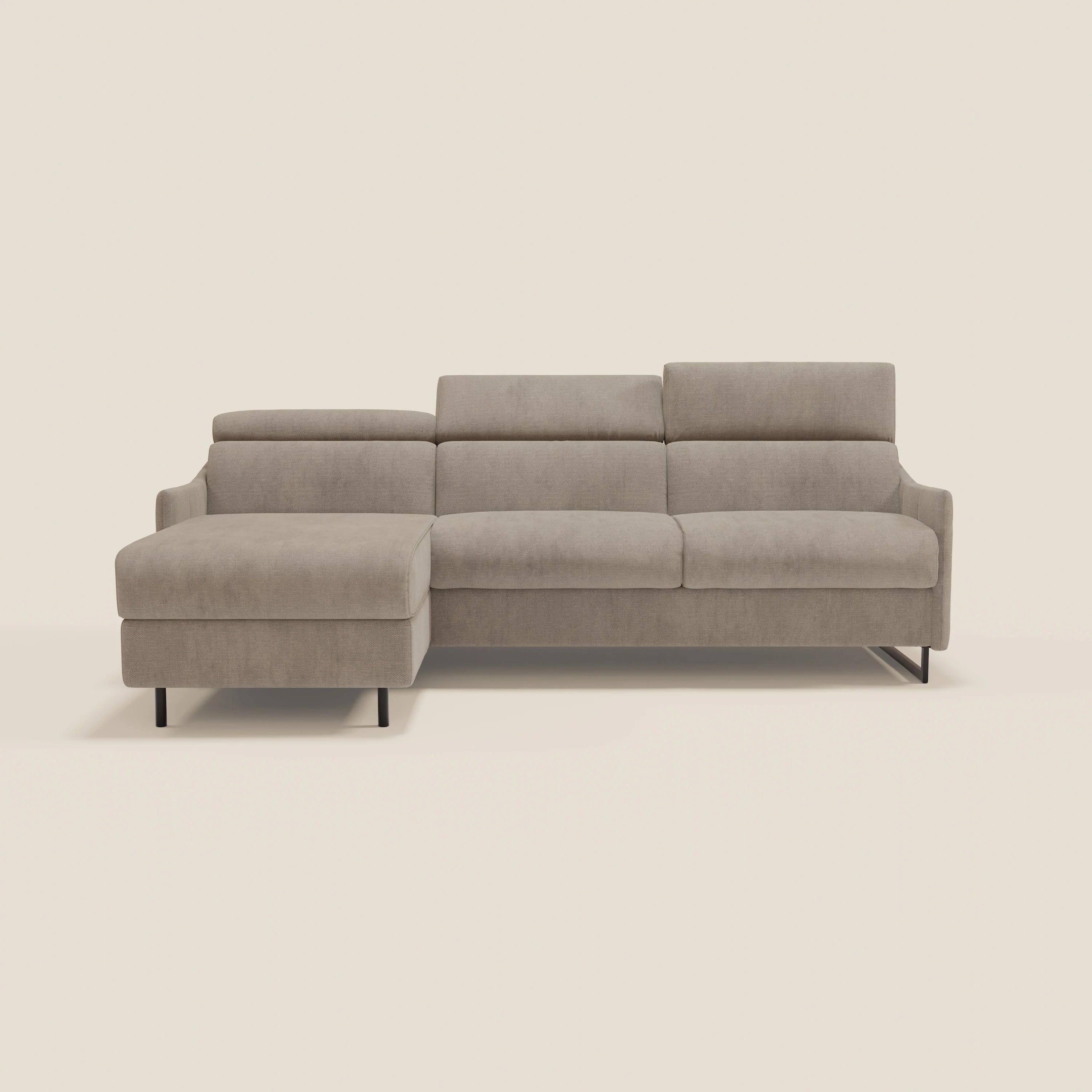 Loto Divano Letto Angolare con Penisola contenitore, Poggiatesta, Materasso Alto H18 in morbido tessuto impermeabile T14 - divani.store