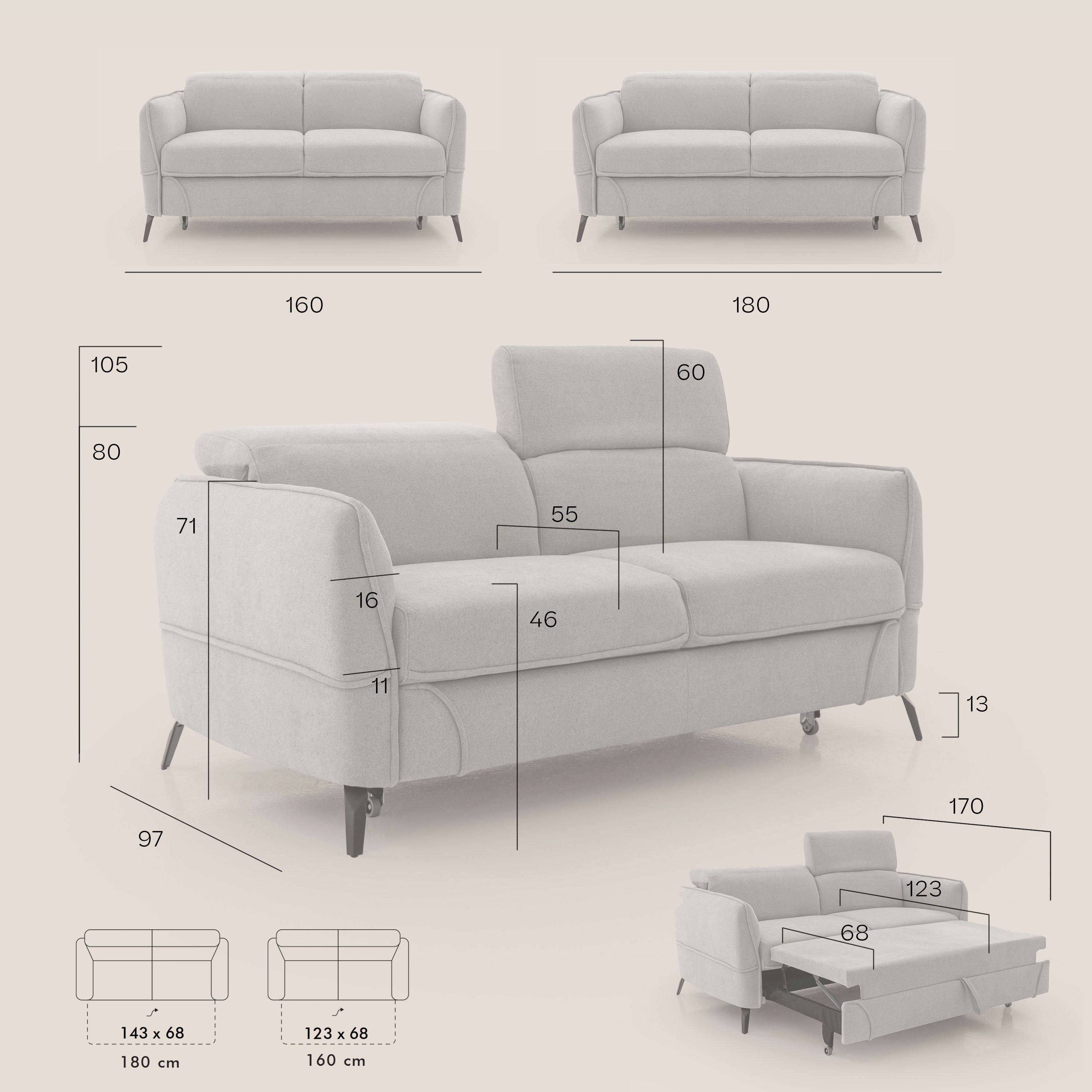 Bloom Divano con poggiapiedi estraibile piedini alti e poggiatesta reclinabili in tessuto bouclé impermeabile T07 grigio - divani.store