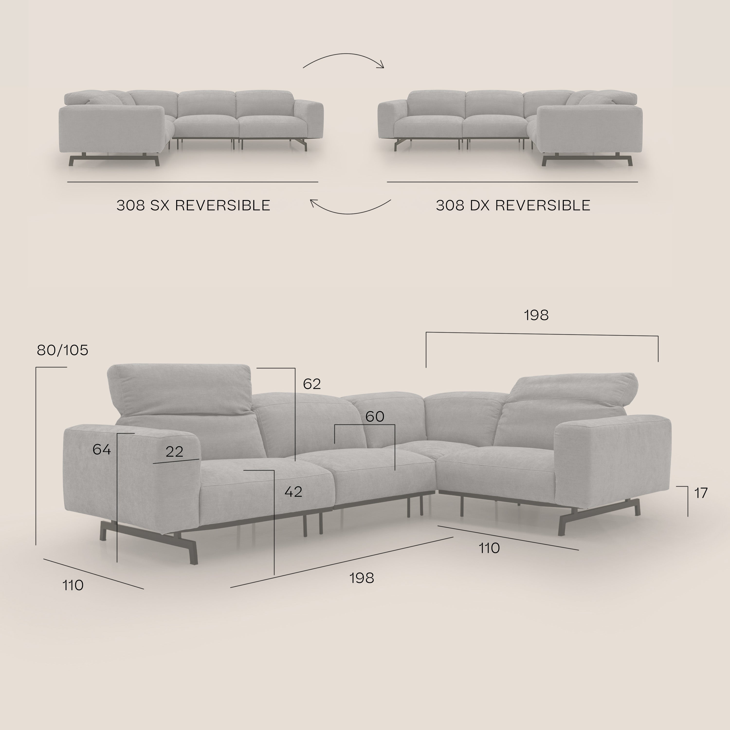 Sakura Canapé d'angle RÉVERSIBLE et modulable en tissu doux et imperméable T14 Taupe tortora