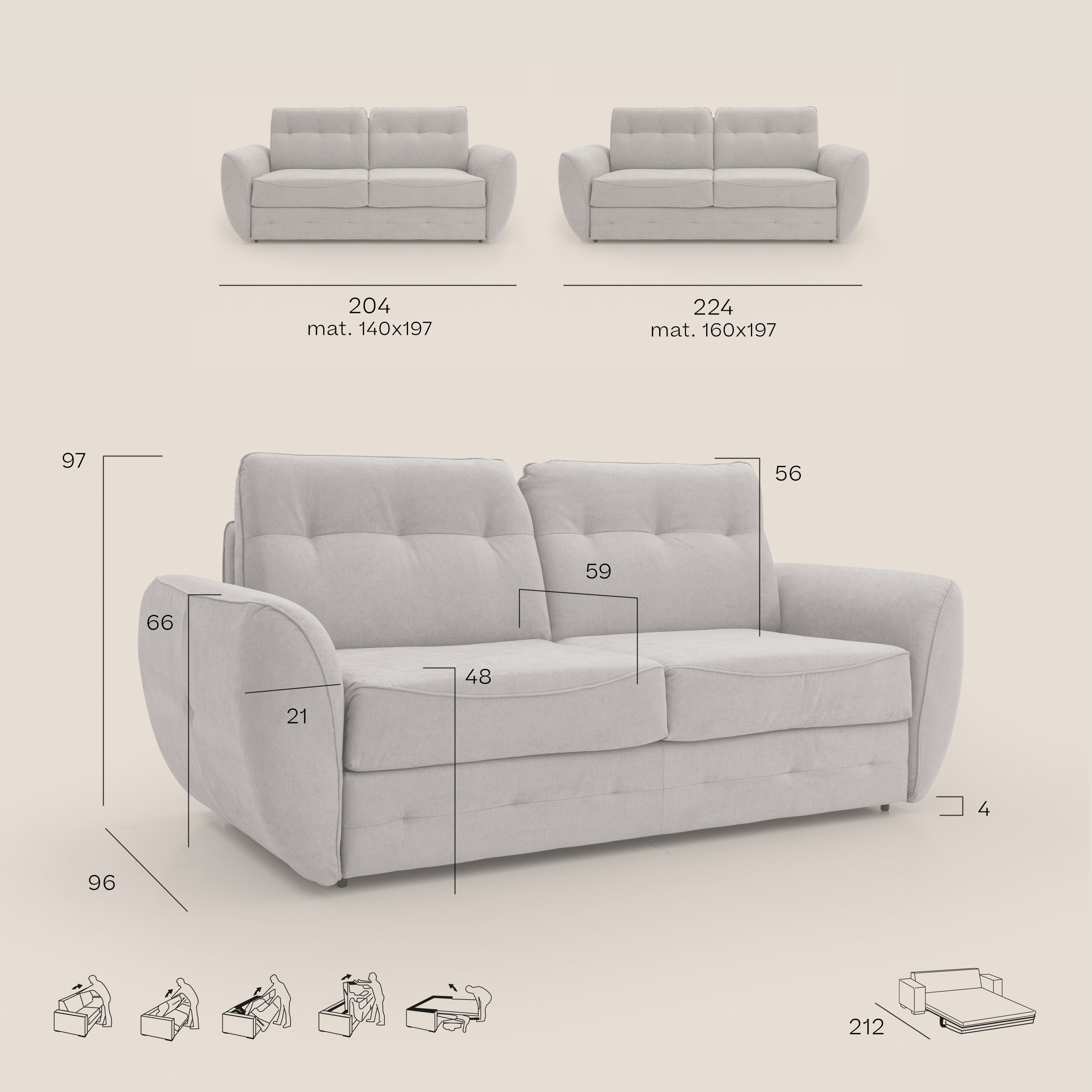 Zeus Divano letto scandinavo con schienale alto in tessuto impermeabile T02 panna - divani.store