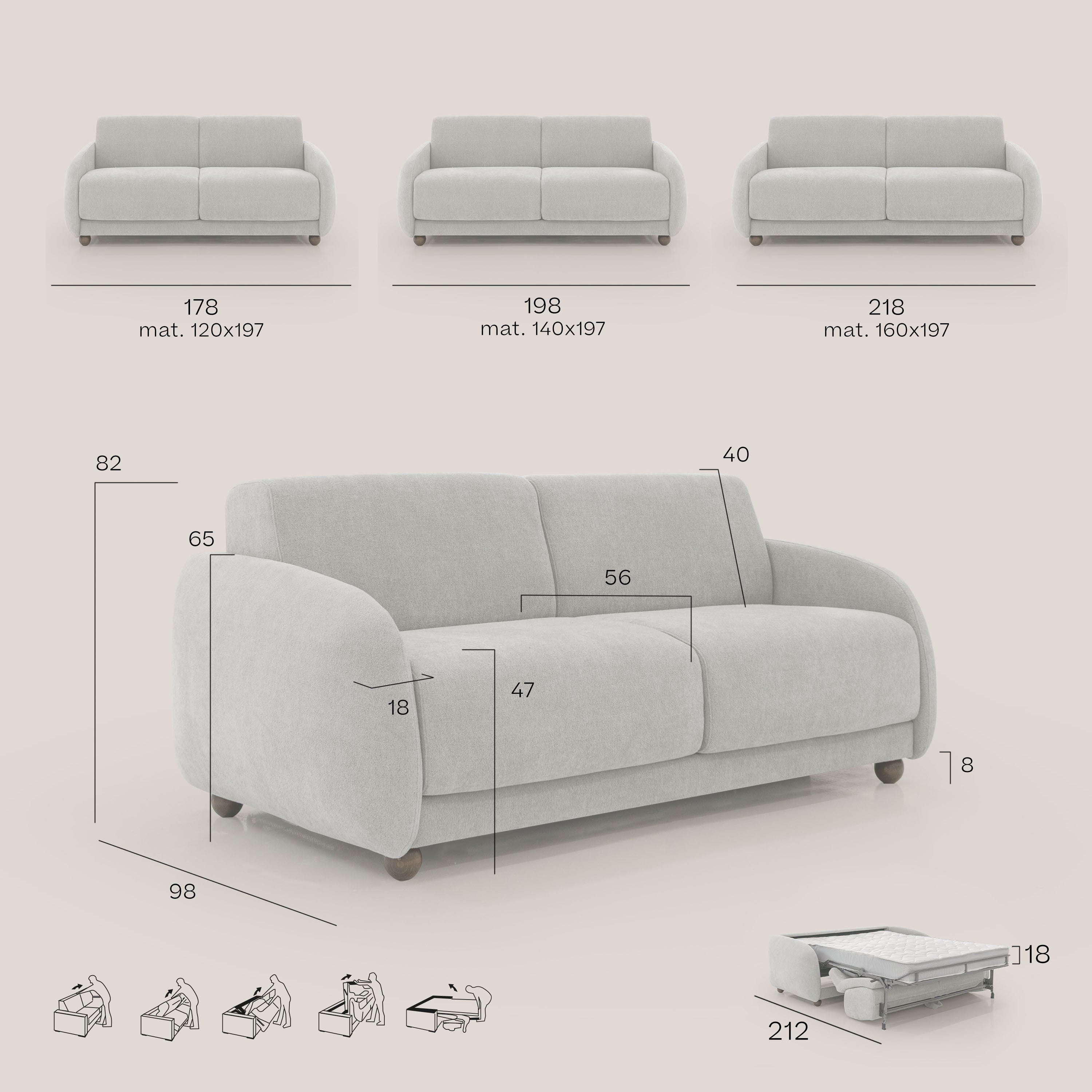 Giglio divano letto scandinavo japandi con materasso H18 cm in tessuto Bouclé impermeabile T07 bianco - divani.store