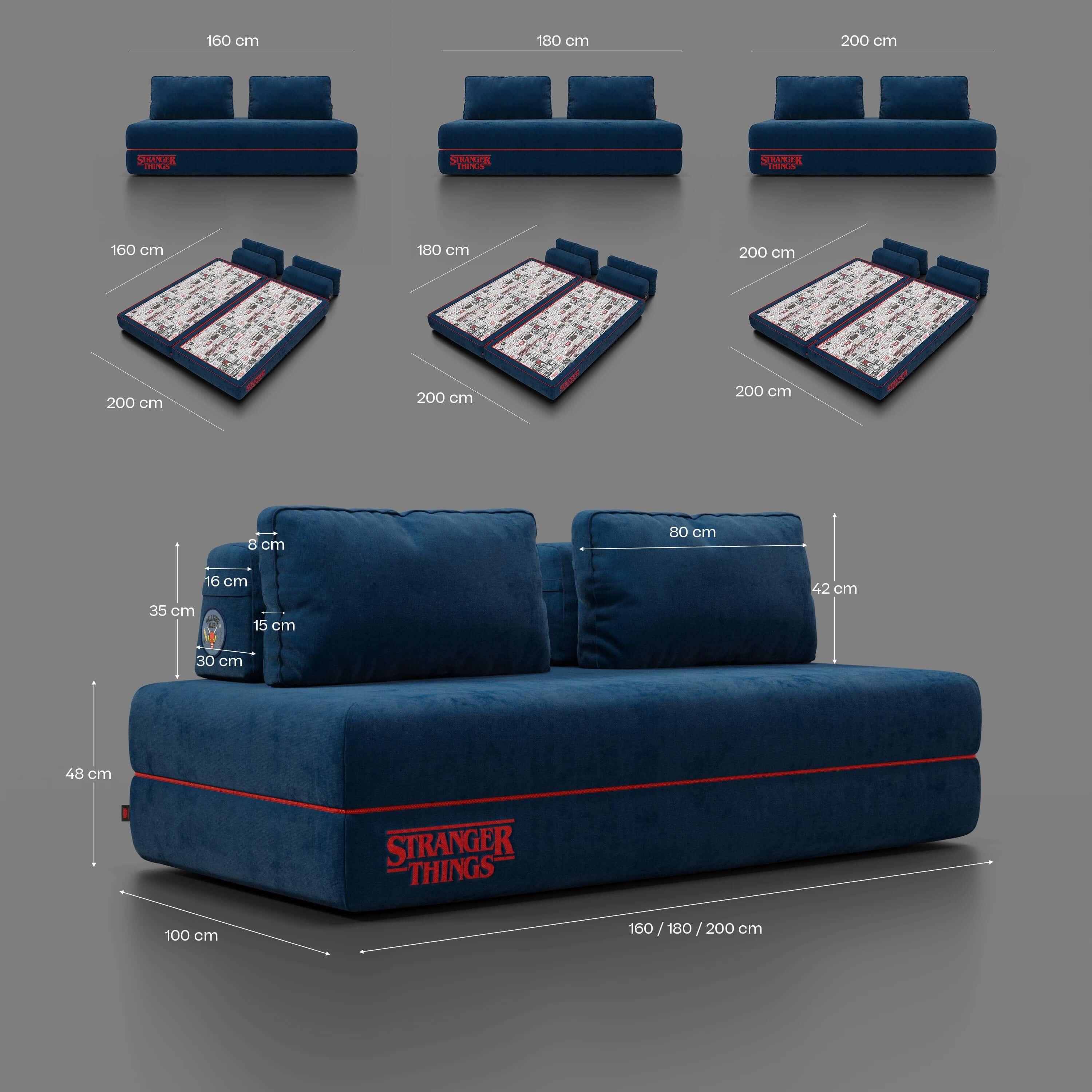 Rift Canapé-lit double Édition STRANGER THINGS 2 places et 3 places avec dossiers amovibles - matelas de 22 cm d'épaisseur en mousse à mémoire de forme en tissu détachable Bleu