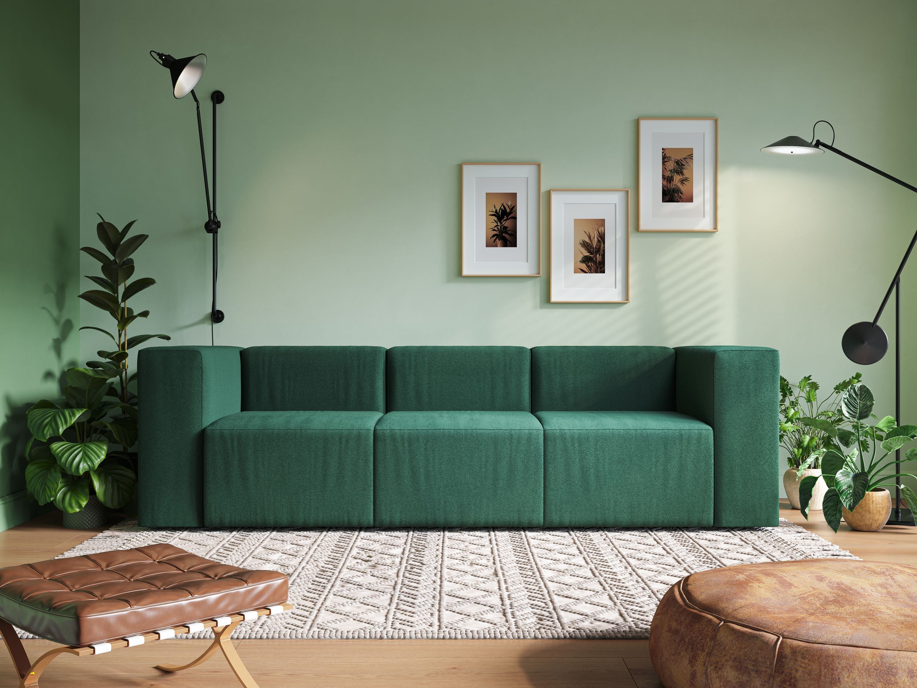 Nettuno divano lineare modulare a 3 sedute componibile in morbido tessuto bouclè T07 verde - divani.store